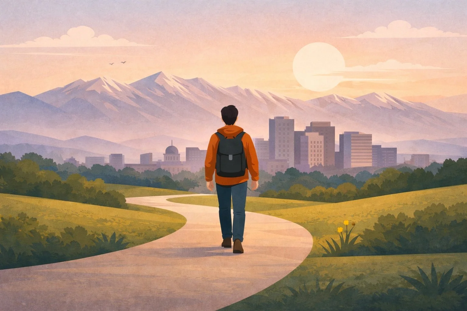 Person walking toward Salt Lake City with mountains in the background symbolizing rebuilding identity after leaving a high-demand religion.