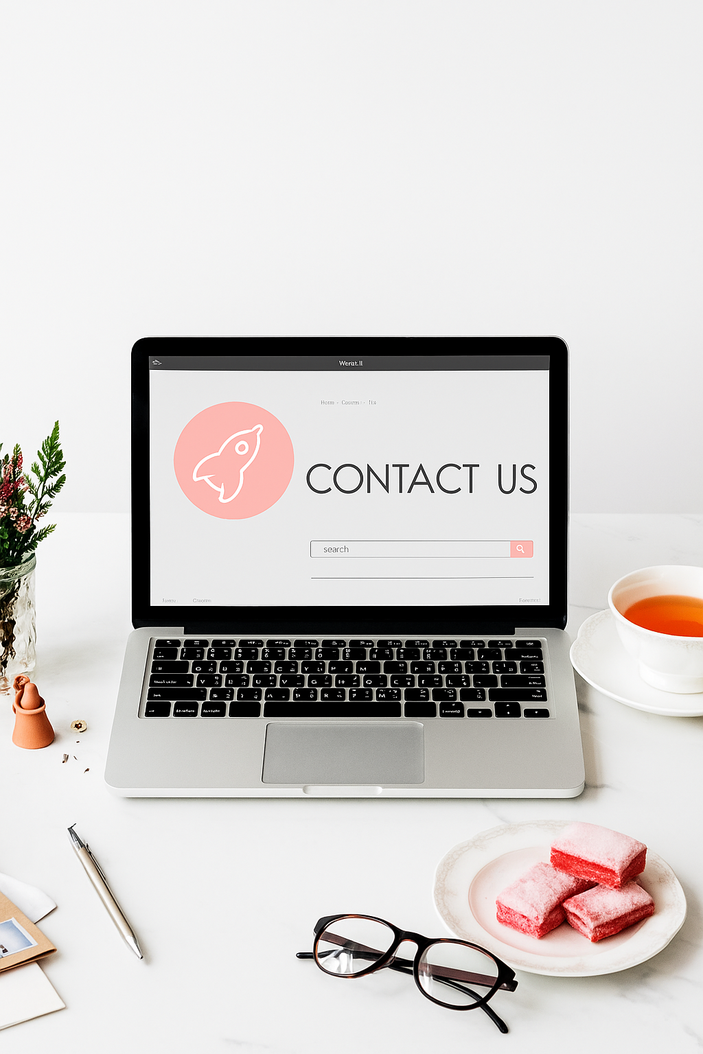 Laptop screen displaying a contact us webpage with a rocket icon, placed on a white desk surrounded by a teacup, pink and white dessert, reading glasses, a pen, and a small fake plant in a glass vase.