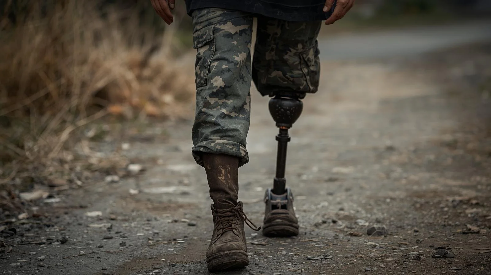 Person walking on a dirt path with a prosthetic leg and camouflaged pants.