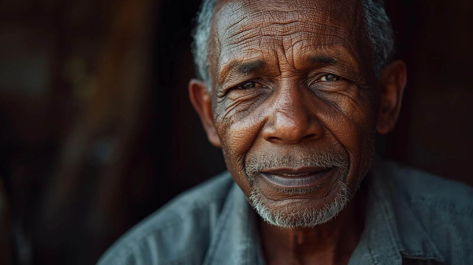 Close-up of an elderly man's face with deep wrinkles, gray hair, and a beard, looking directly at the camera against a dark background.