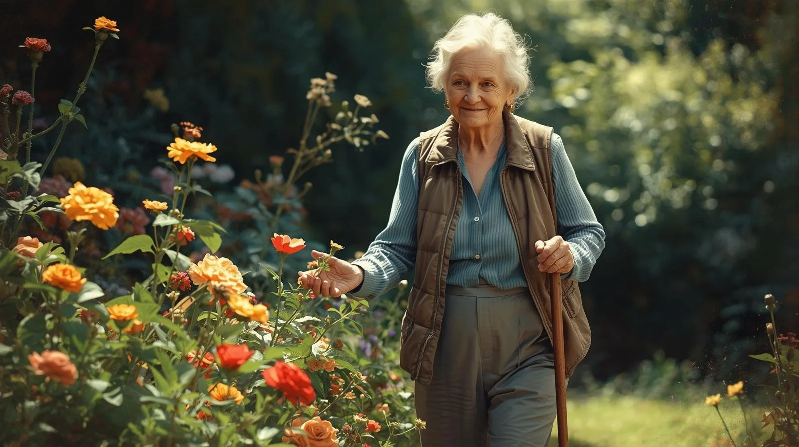 An elderly woman walking in a garden with colorful flowers, wearing a brown vest and holding a walking stick.