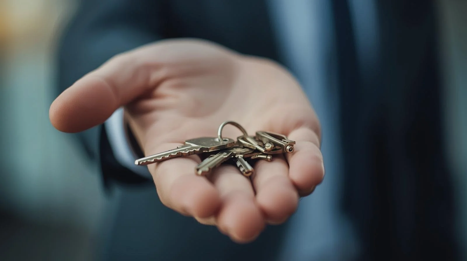 A hand holding a set of keys, including house and car keys.
