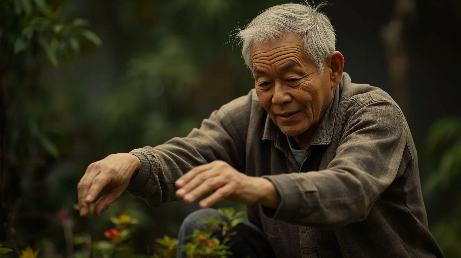 An elderly man with gray hair, wearing a brown jacket, is crouching outdoors among greenery, reaching out to touch or pick small red and green plants or berries.
