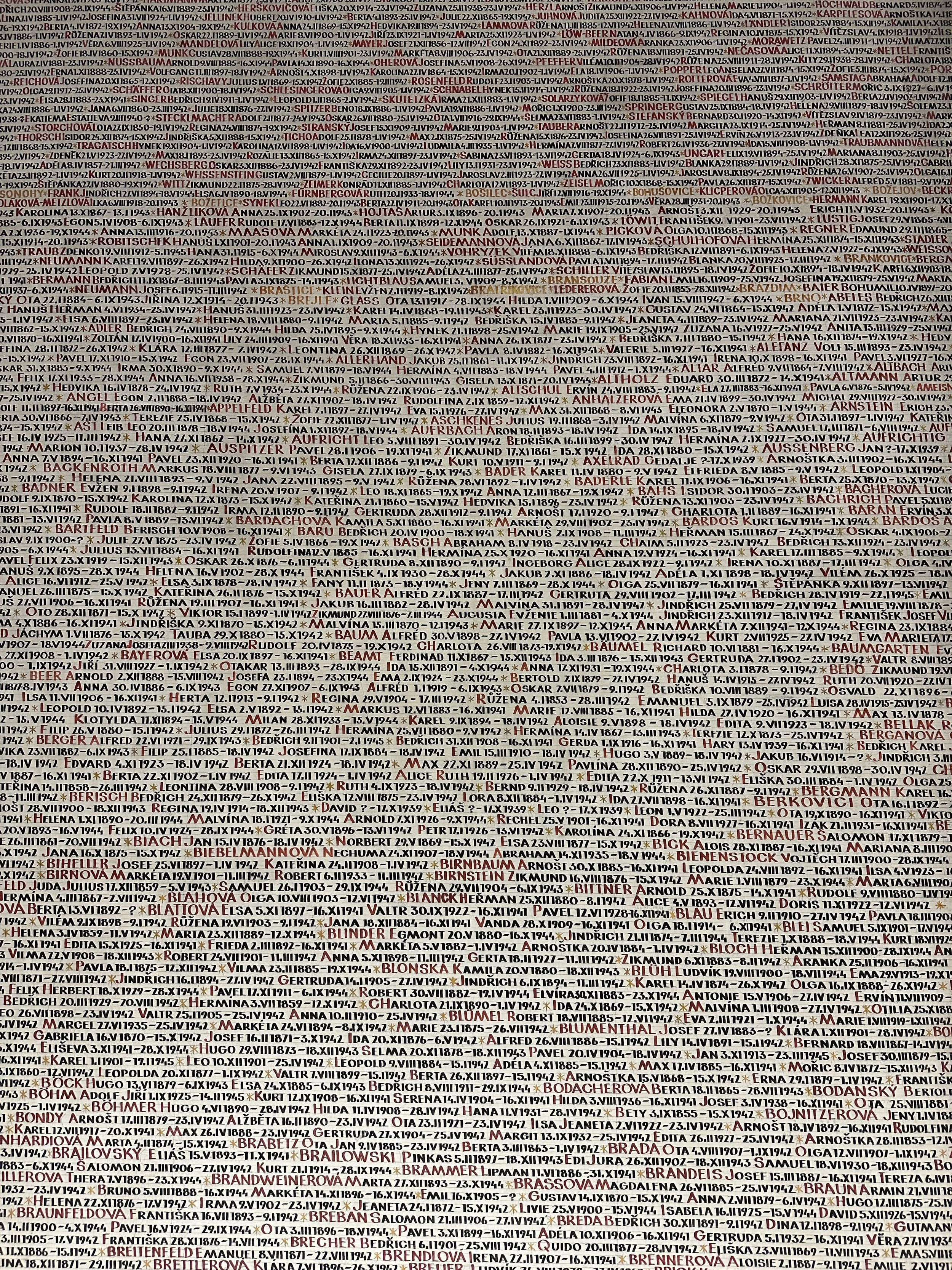 Memorial wall in Prague covered with engraved names, photographed as a dense field of text.