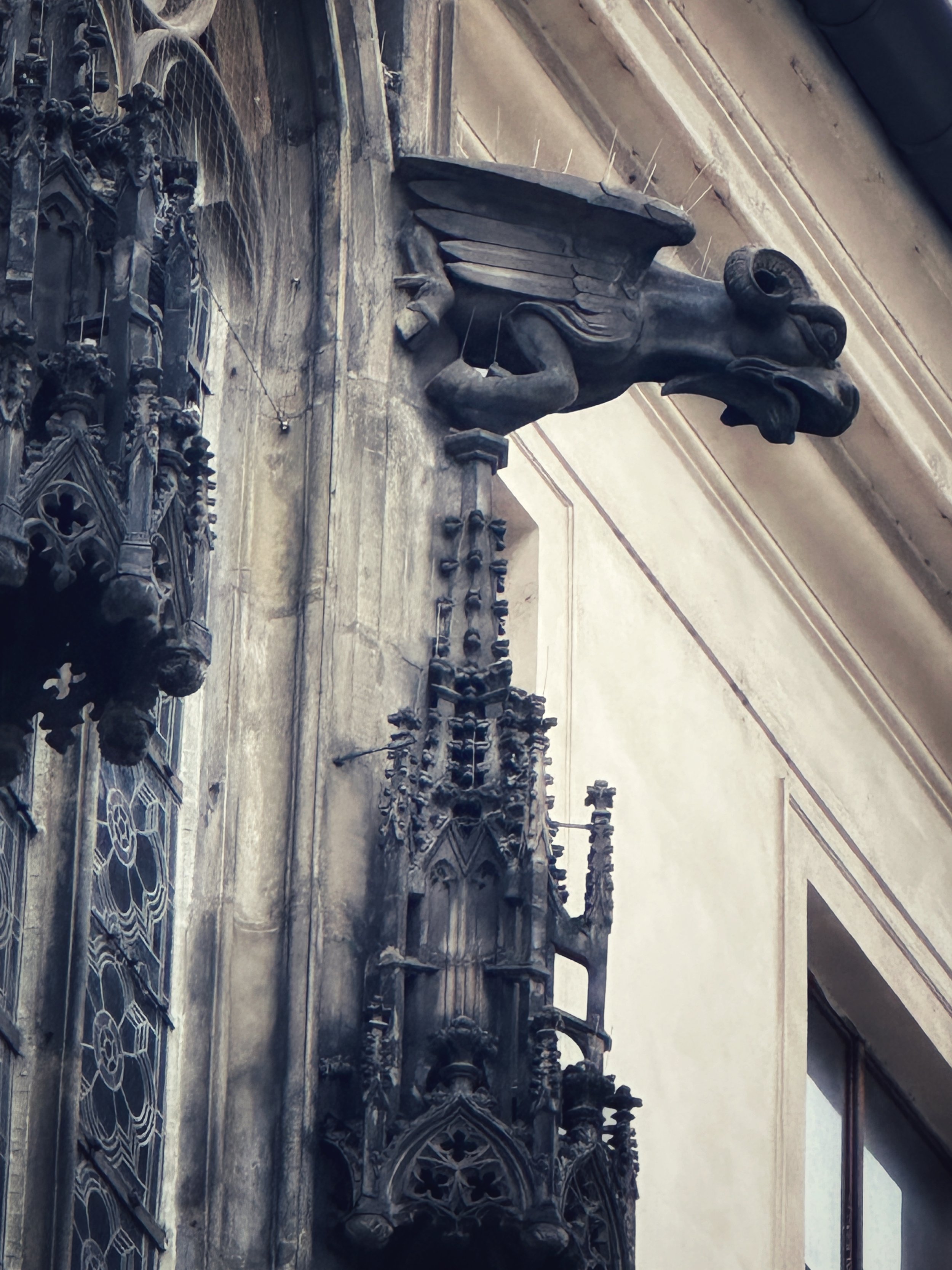 Gothic stone gargoyle on the exterior of a historic building in Prague, photographed in close detail.