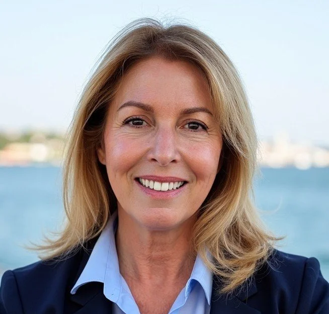 A smiling woman with blonde hair in a professional outfit with a view of water and blurred buildings in the background.