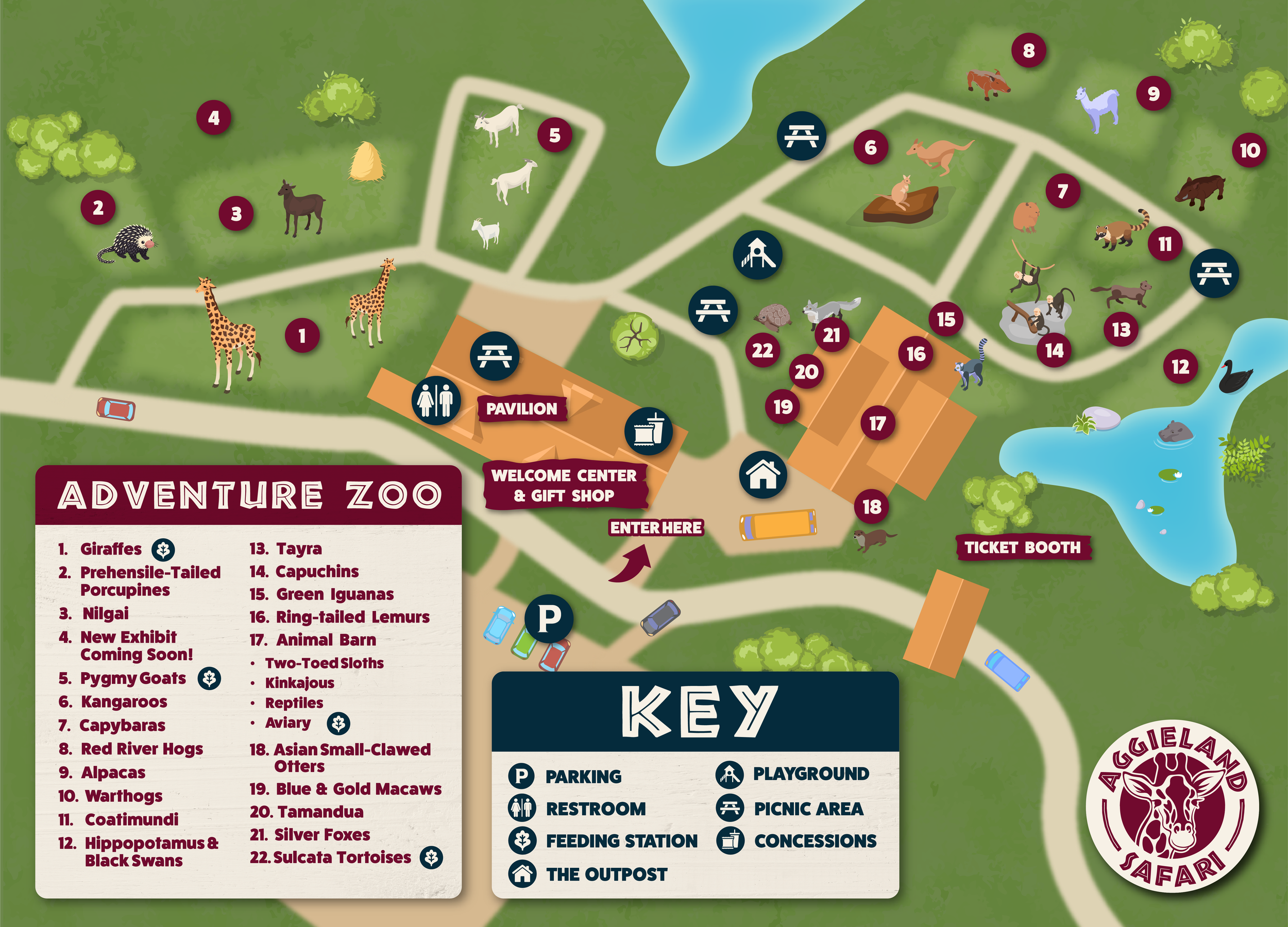 Map of Adventure Zoo showing various animal exhibits, animal barns, picnic areas, restrooms, a parking lot, and other park facilities with labels and legend.
