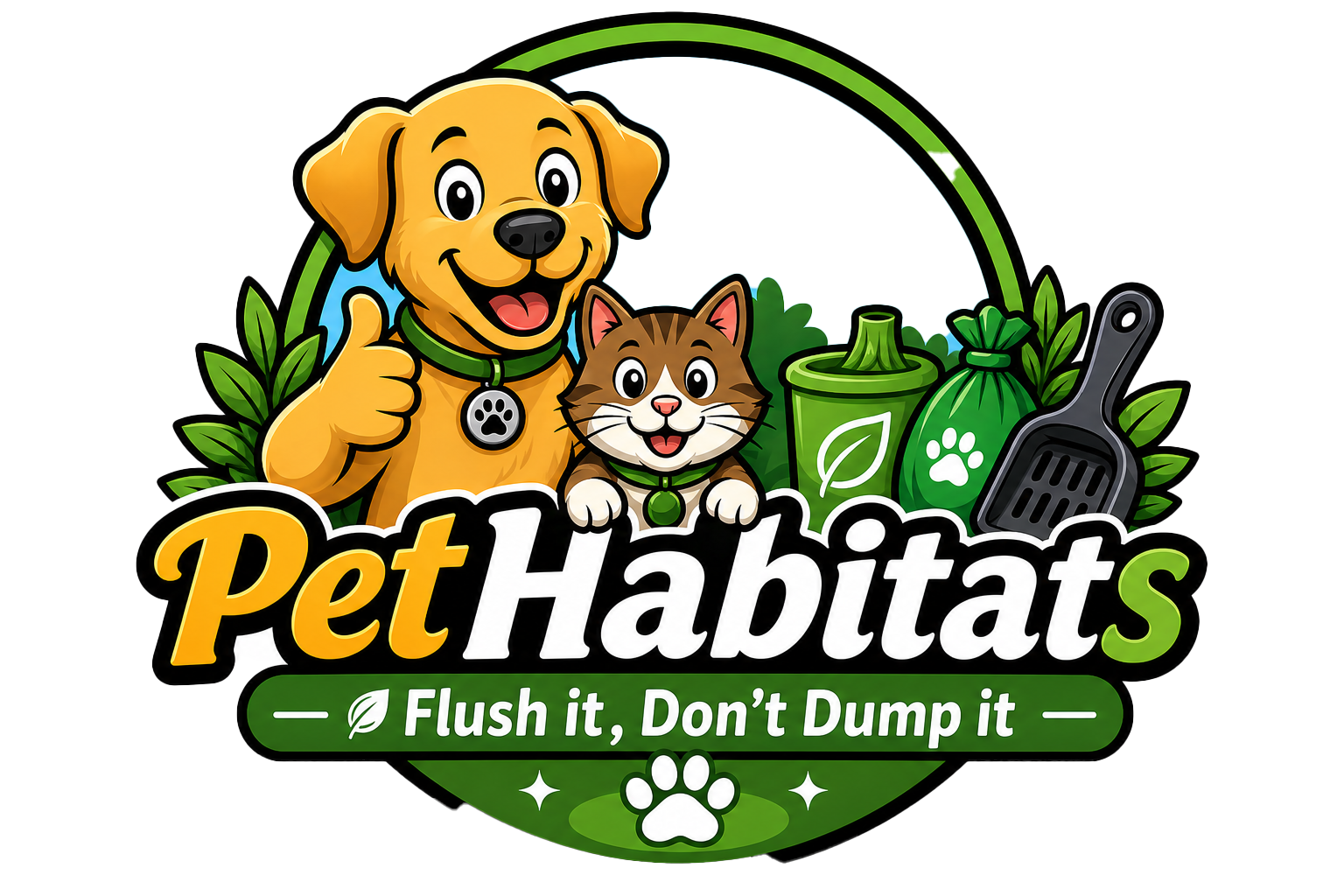 Pet Habitats logo showing a smiling dog and cat beside eco-friendly pet waste tools, with green theme and tagline “Flush it, Don’t Dump it."