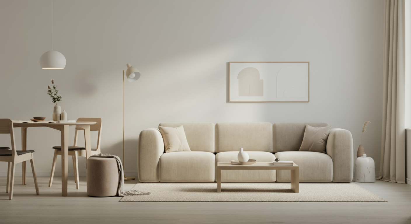 Minimalist living room with beige sofa, two cushions, coffee table with white vases, dining area with four wooden chairs and a table with vases and a plant, framed abstract artwork, and neutral color palette.