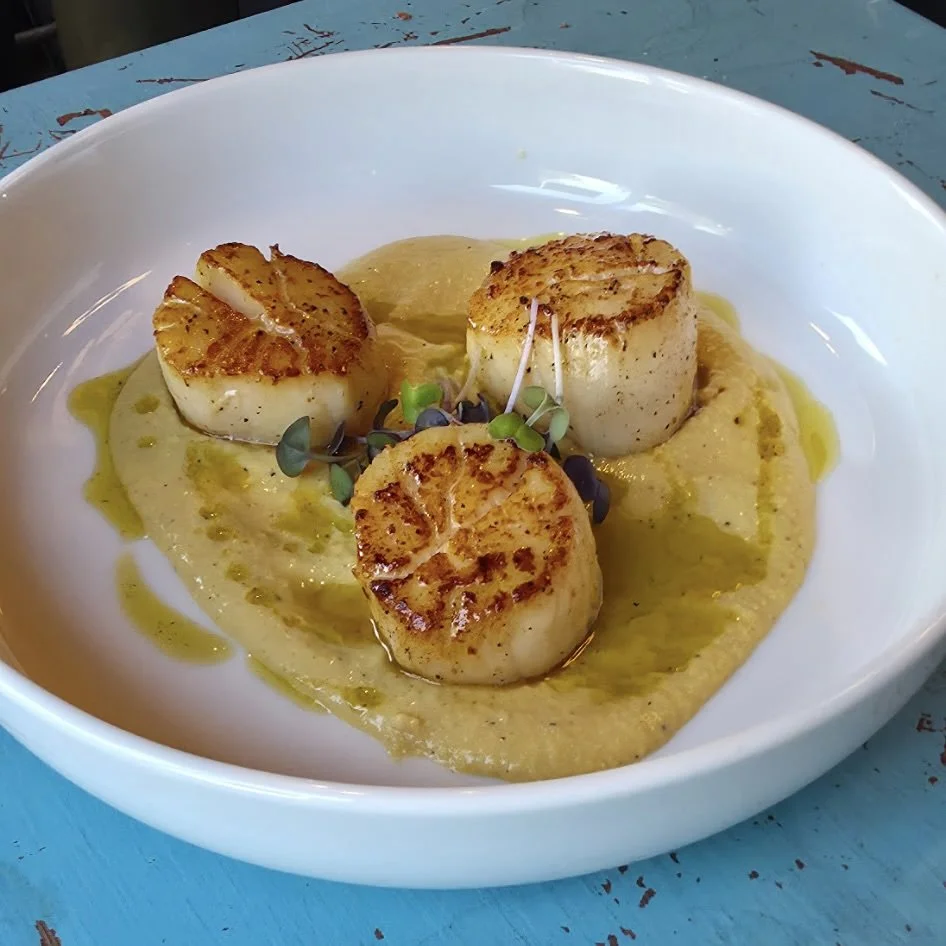 Seared scallops served on a creamy puree with microgreens and drizzled with olive oil.