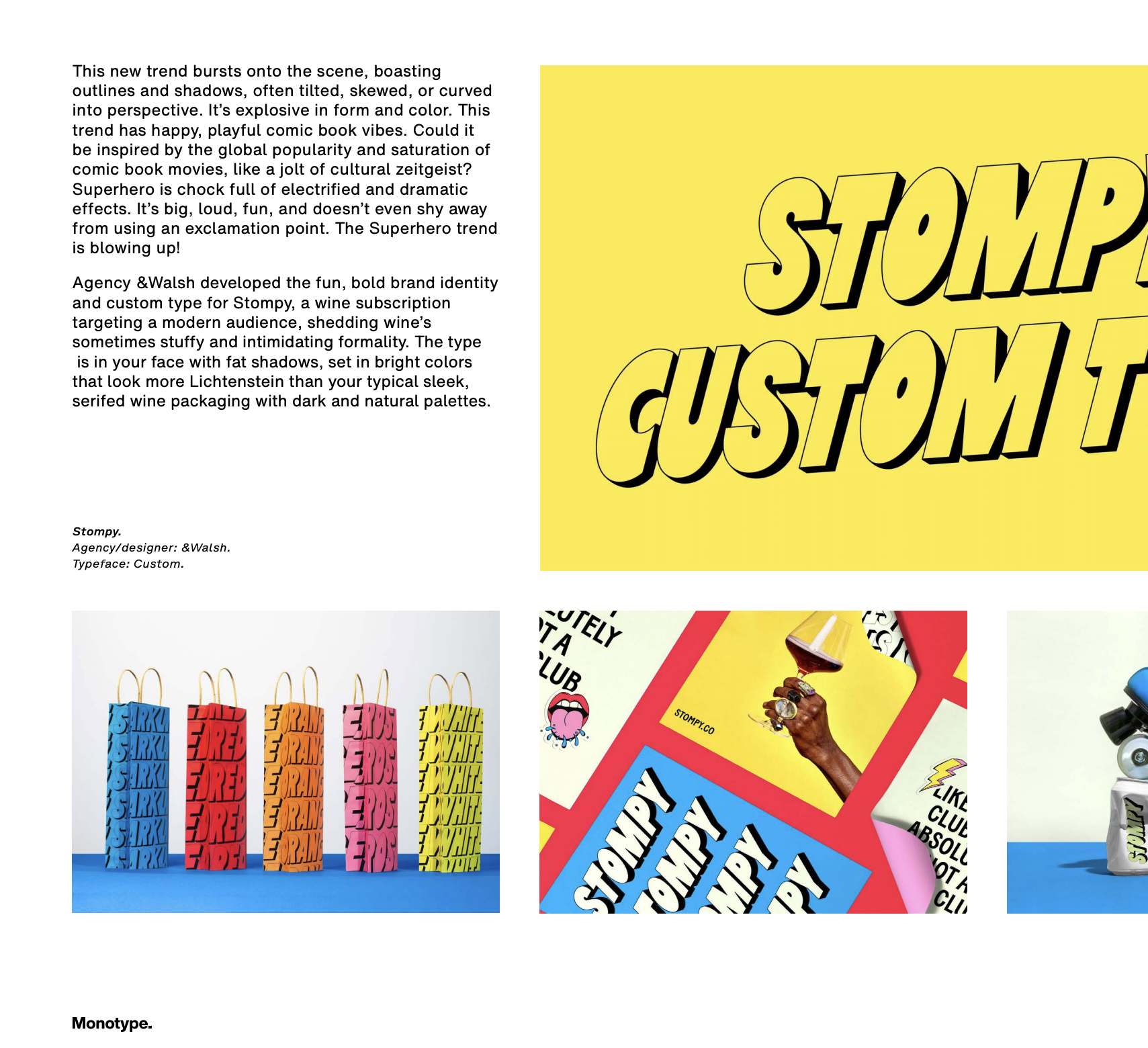 A collage of colorful graphic design posters and packaging, including bold, comic book style typography and vibrant colors, promoting a modern, playful aesthetic.