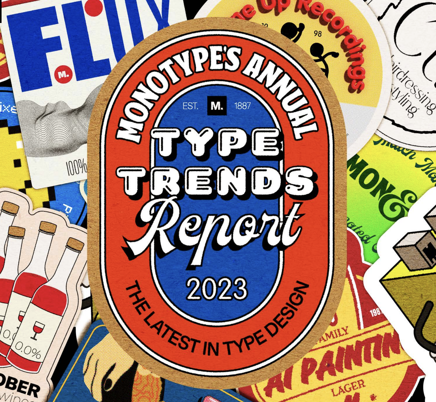 Close-up of a colorful graphic design featuring various stickers and labels, including a prominent red and blue circular sticker titled 'Type Trends Report 2023,' surrounded by other stickers with different shapes, colors, and designs.
