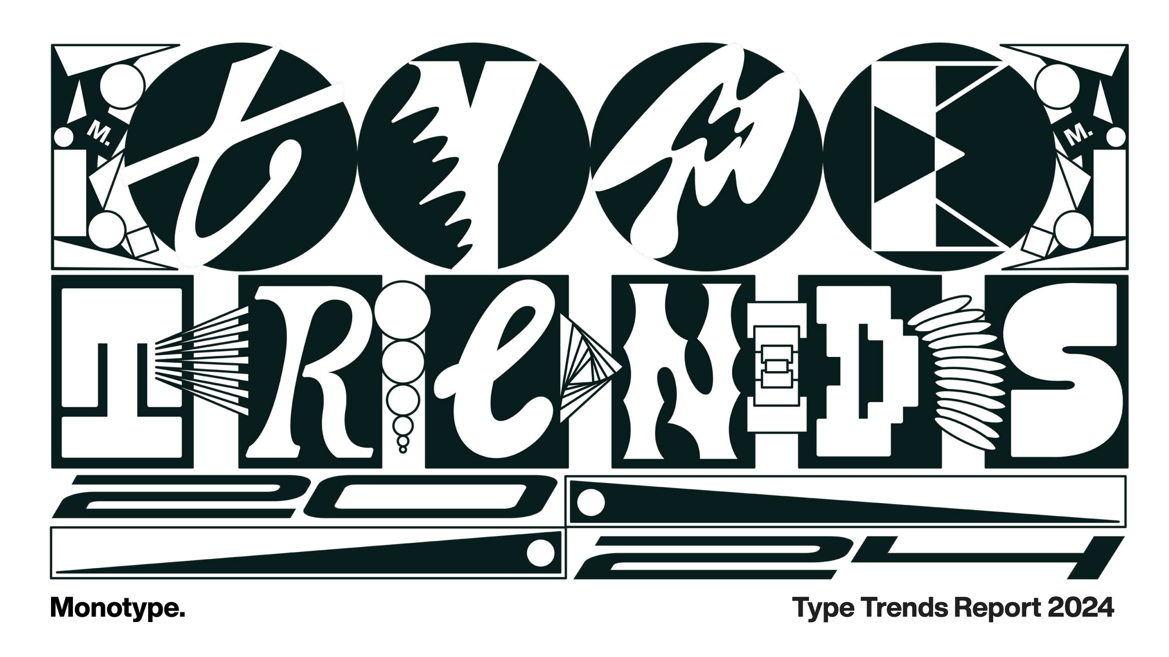 Black and white stylized report cover with abstract geometric shapes and text reading 'Type Trends Report 2024' and 'Monotype'.