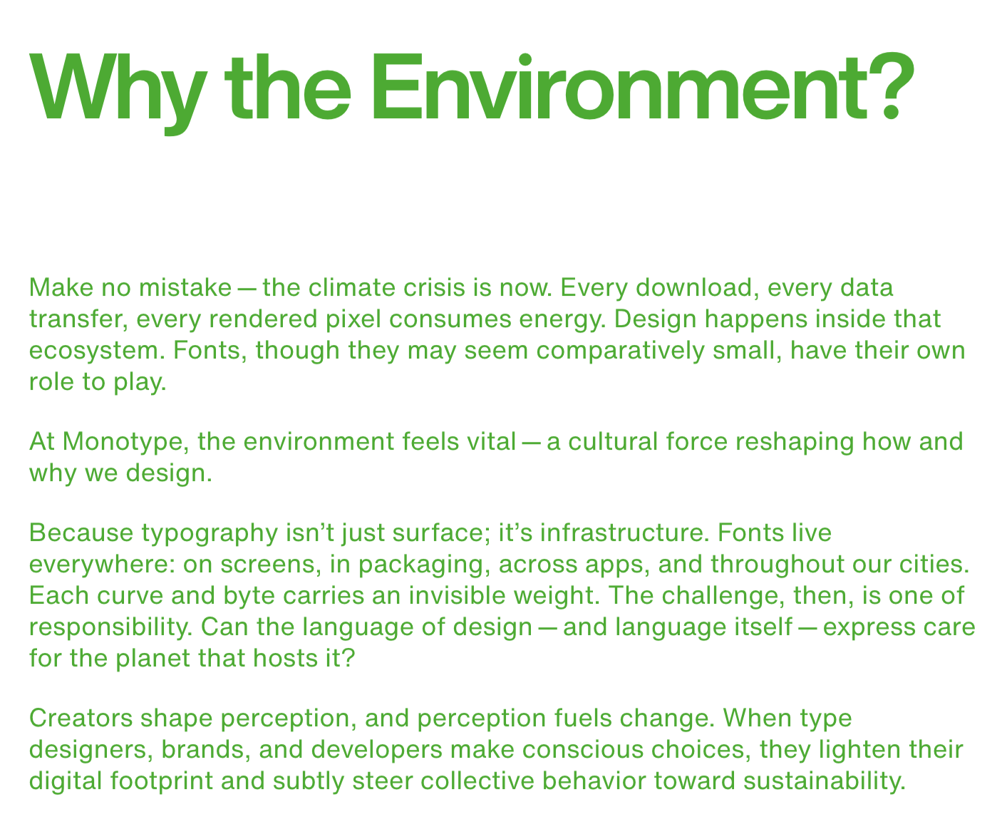 Text titled 'Why the Environment?' in large green font, discussing climate crisis, design, typography, and sustainability in green text.