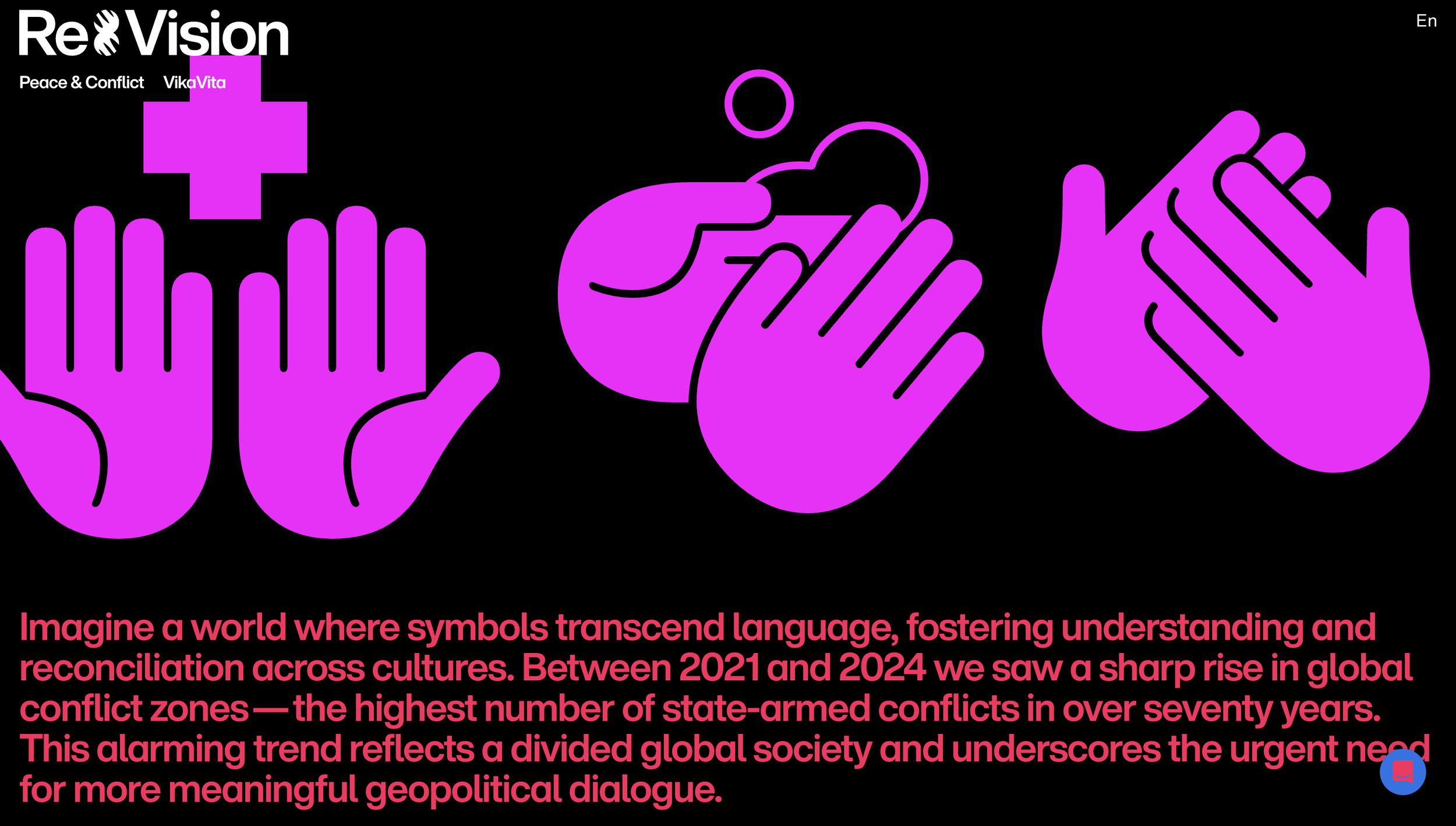 A digital graphic with a black background displaying pink line drawings of three hands with symbols: a heart, a peace sign, and a raised fist. The top left corner features the title 'Re&Vision' with a subtitle about peace and conflict. The bottom sec
