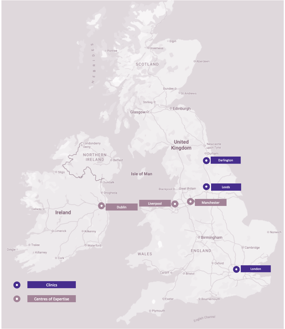 Map of the United Kingdom and Ireland showing clinic locations in London, Darlington, and Leeds, and centres of expertise in Dublin, Liverpool, and Manchester.