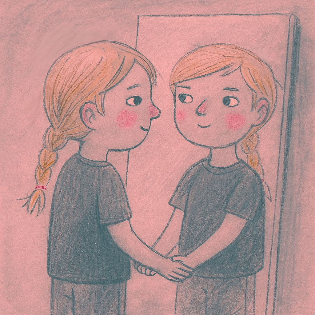 Zeichnung eines Mädchens, das einen Spiegel betrachtet, beide tragen schwarze T-Shirts und halten sich an den Händen. Das Mädchen hat blonde Haare im Zopf und lächelt, während sie ihr Spiegelbild betrachtet.