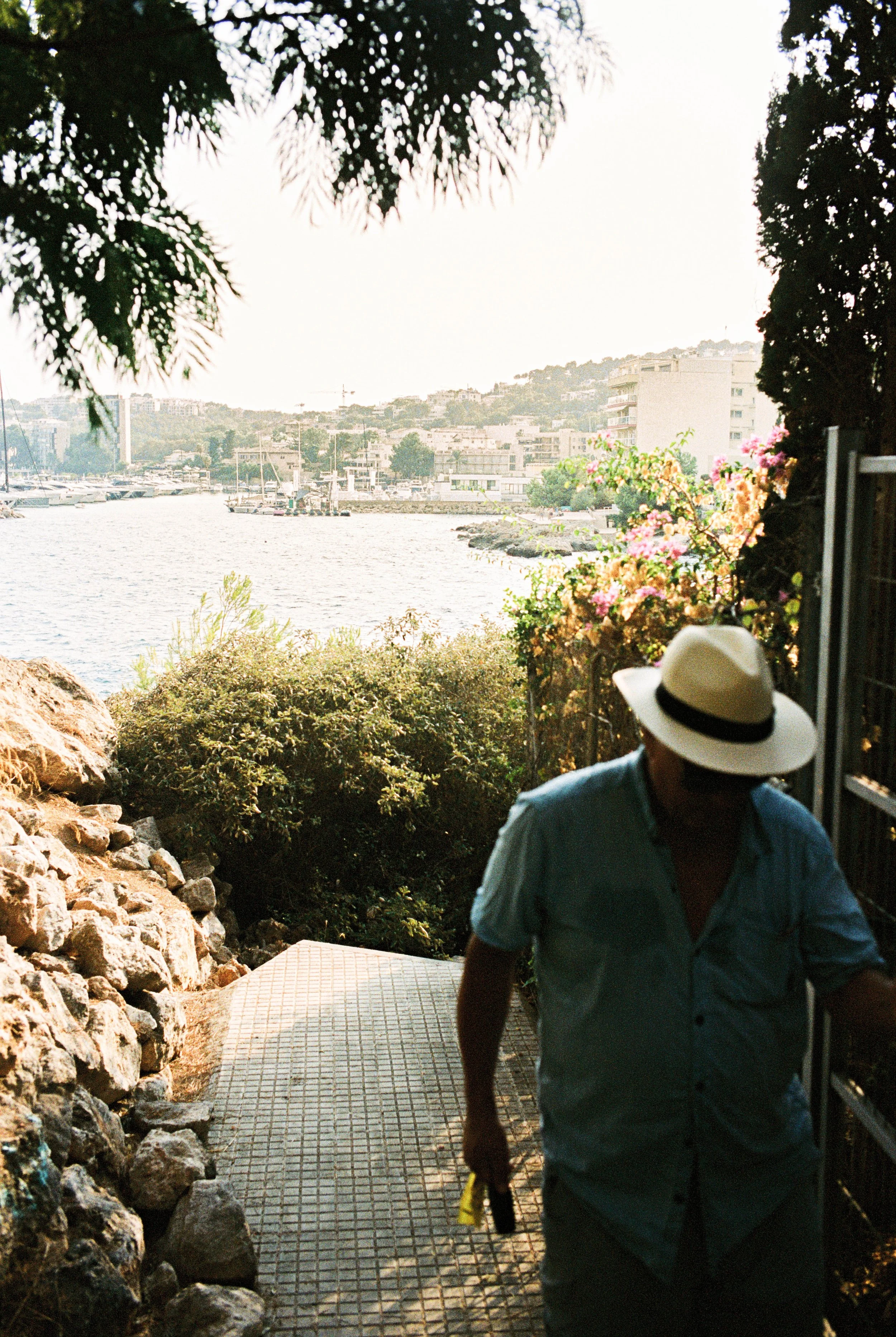 Ein Mann mit Hut geht die Treppe hinauf an einer Wasserpromenade, umgeben von Blumen und Büschen, mit einem Blick auf das Wasser und die Stadt im Hintergrund bei Sonnenuntergang.