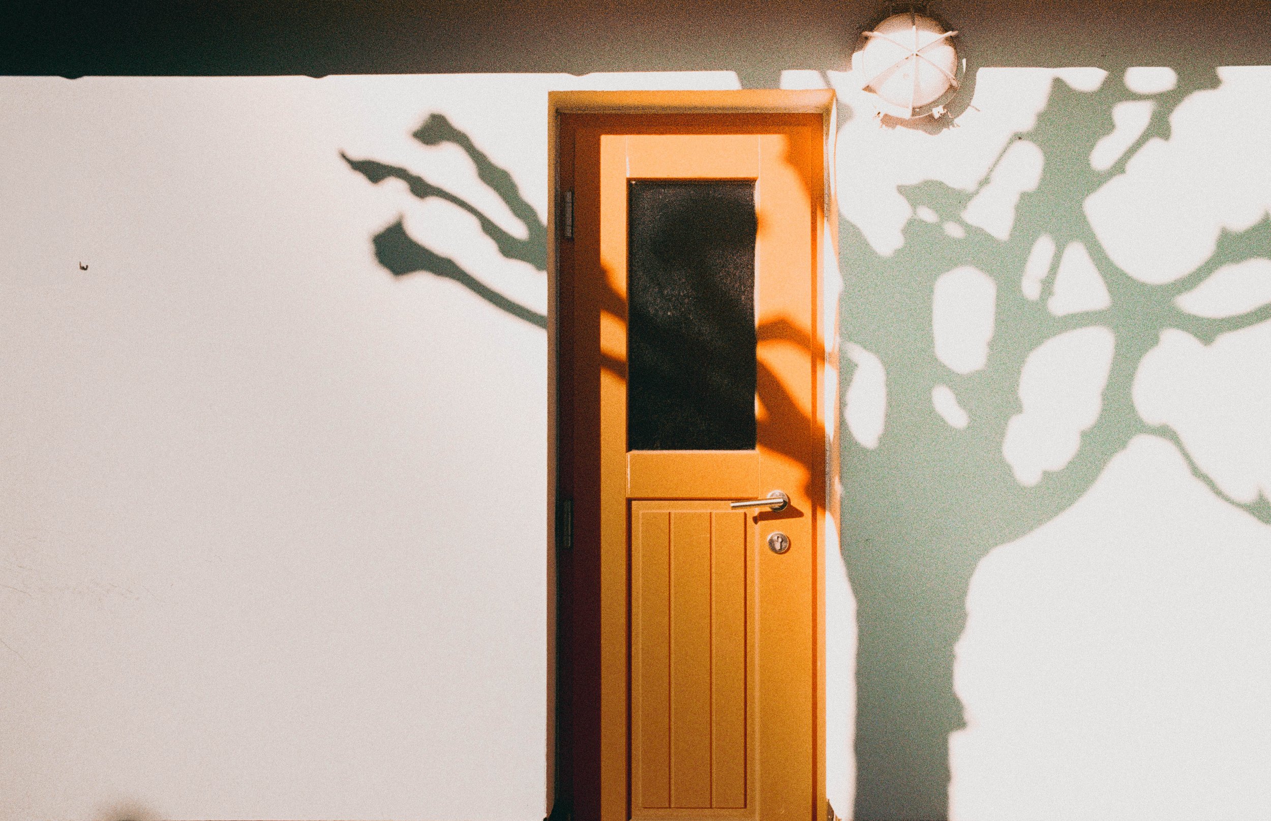Bunte orange Tür mit schwarzem Fenster und Metallgriff vor einer weißen Wand mit Schatten eines Baumes und einer Lampe.