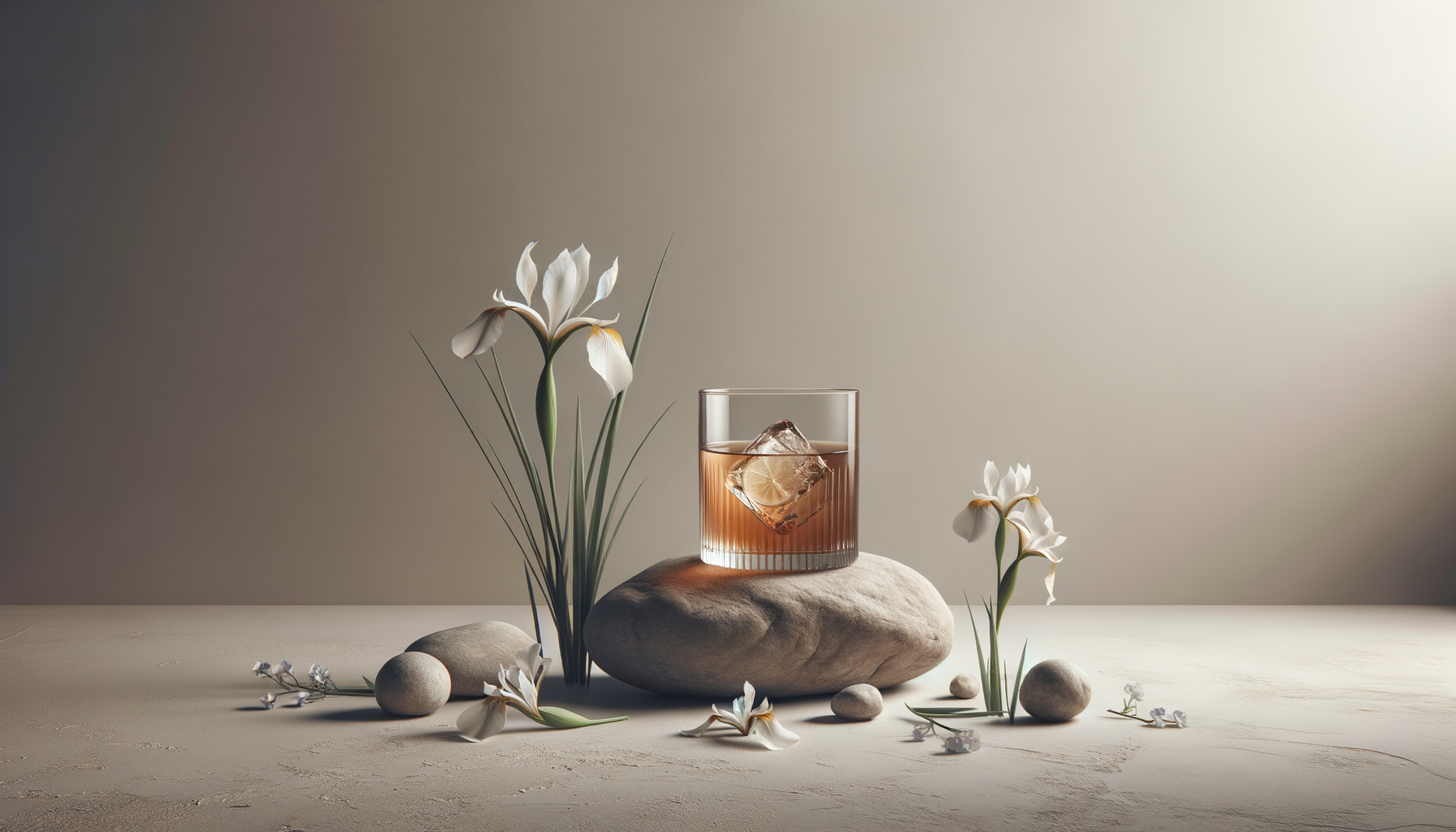 A glass of iced tea with a lemon slice on a large stone, surrounded by white irises and smaller rocks, on a neutral background with soft lighting.