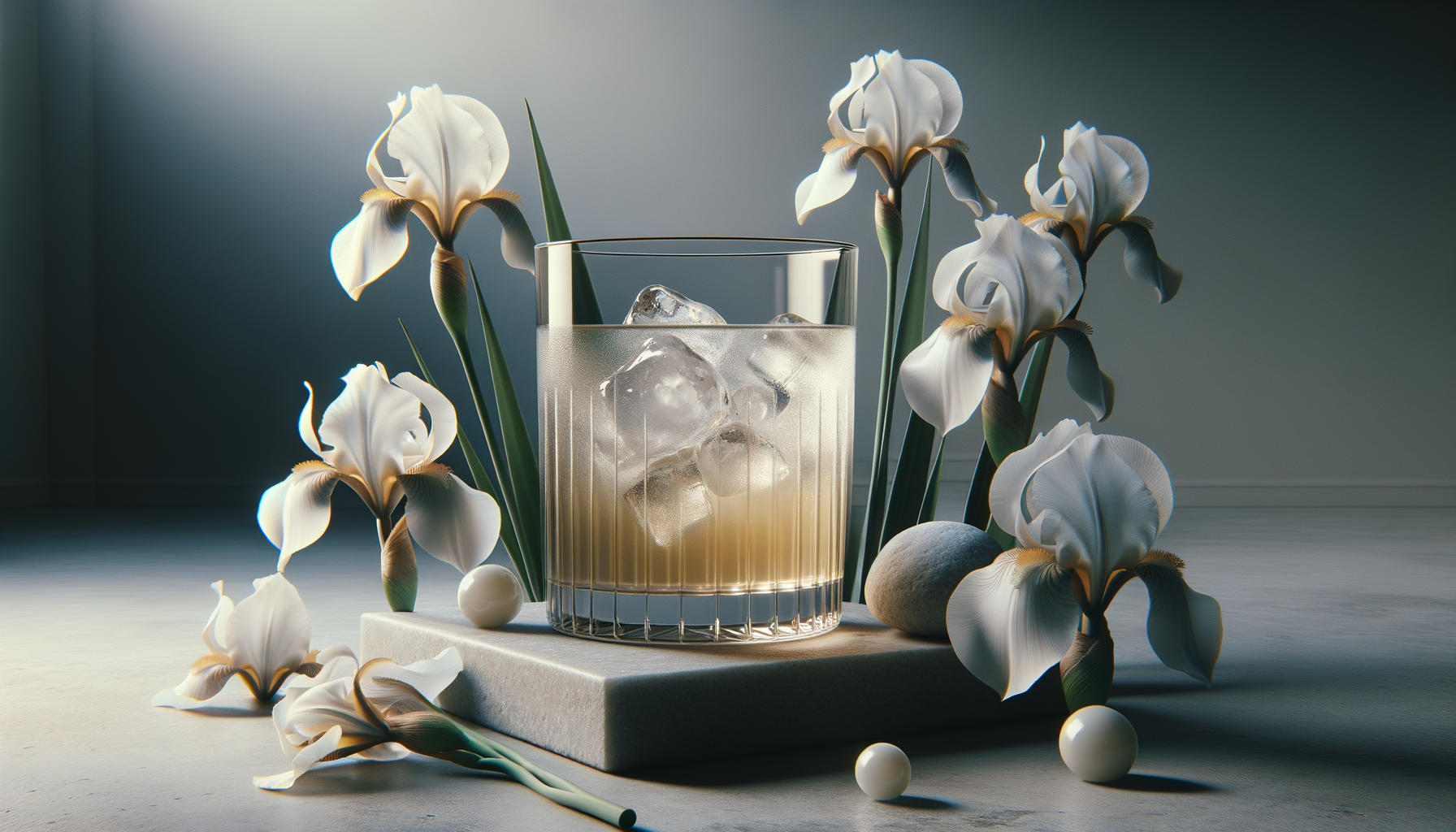 A glass of whiskey with ice cubes surrounded by white iris flowers and decorative pearls on a gray surface and background.