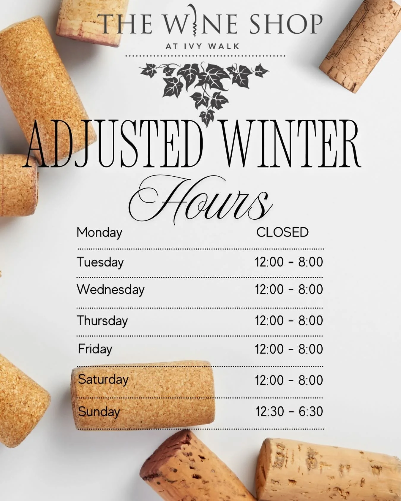 We&rsquo;re updating our hours for the season! ❄️ Make sure to swing by during our updated times to grab your favorite bottles! Cheers! 🥂

#IvyWalkWine #SmyrnaVinings #Smyrna #ShopLocal #WinterWine