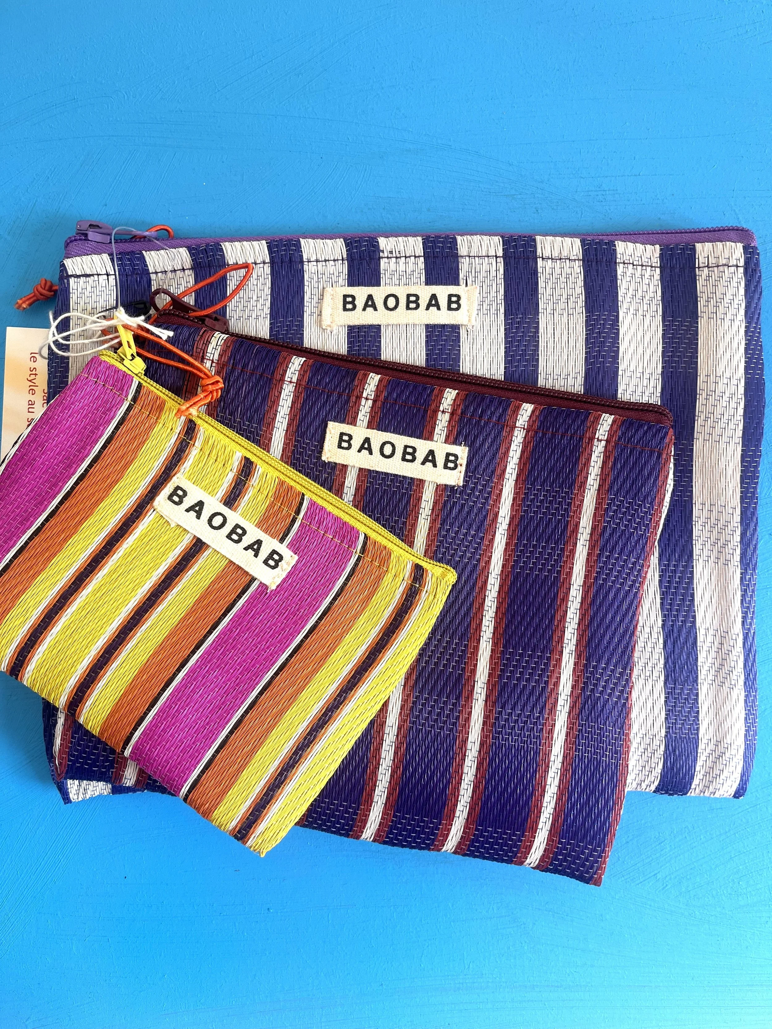 Set of 3 striped pouches made from recycled plastic