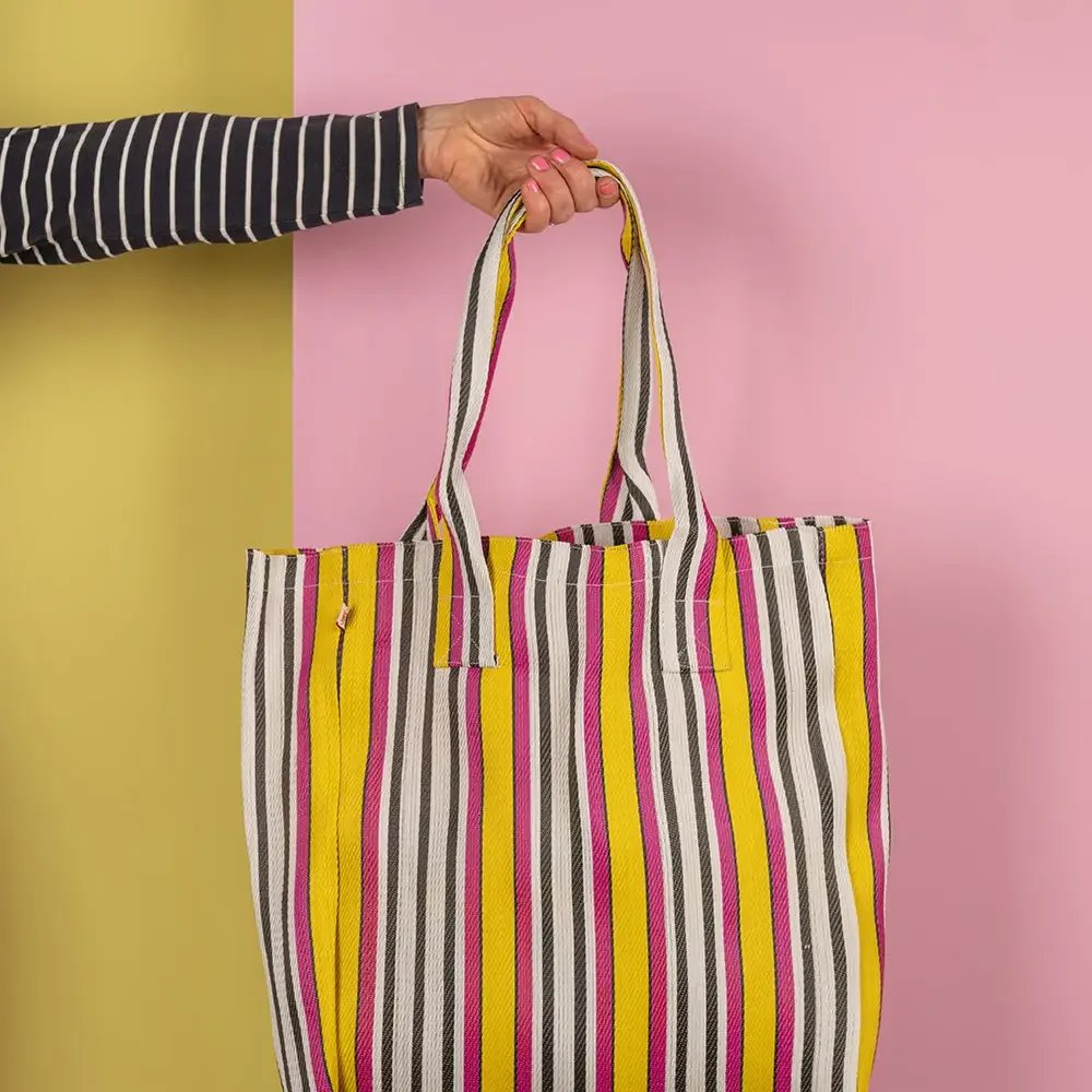 Pink & Yellow Striped Recycled Tote Bag