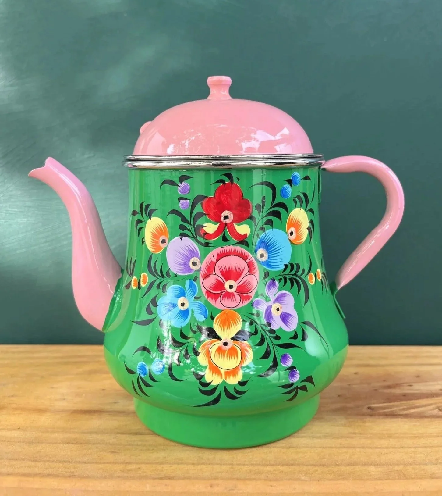 Indian Enamel Teapot with Green Flower Pattern