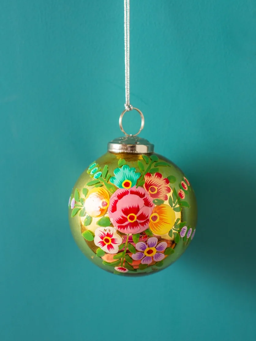 Gold Kashmiri Bauble With Hand Painted Flower Design