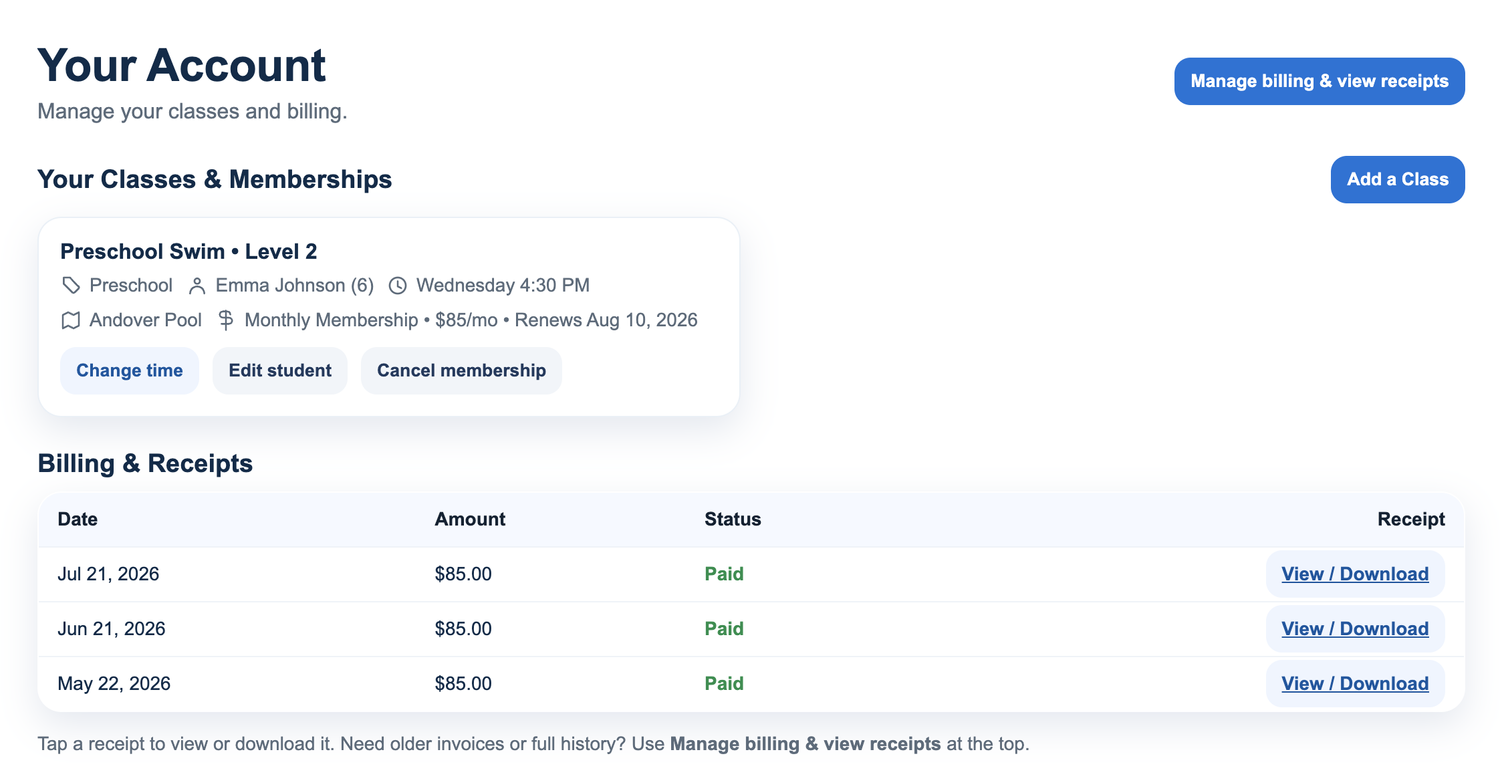 Account page showing the Manage Billing and Billing & Receipts options