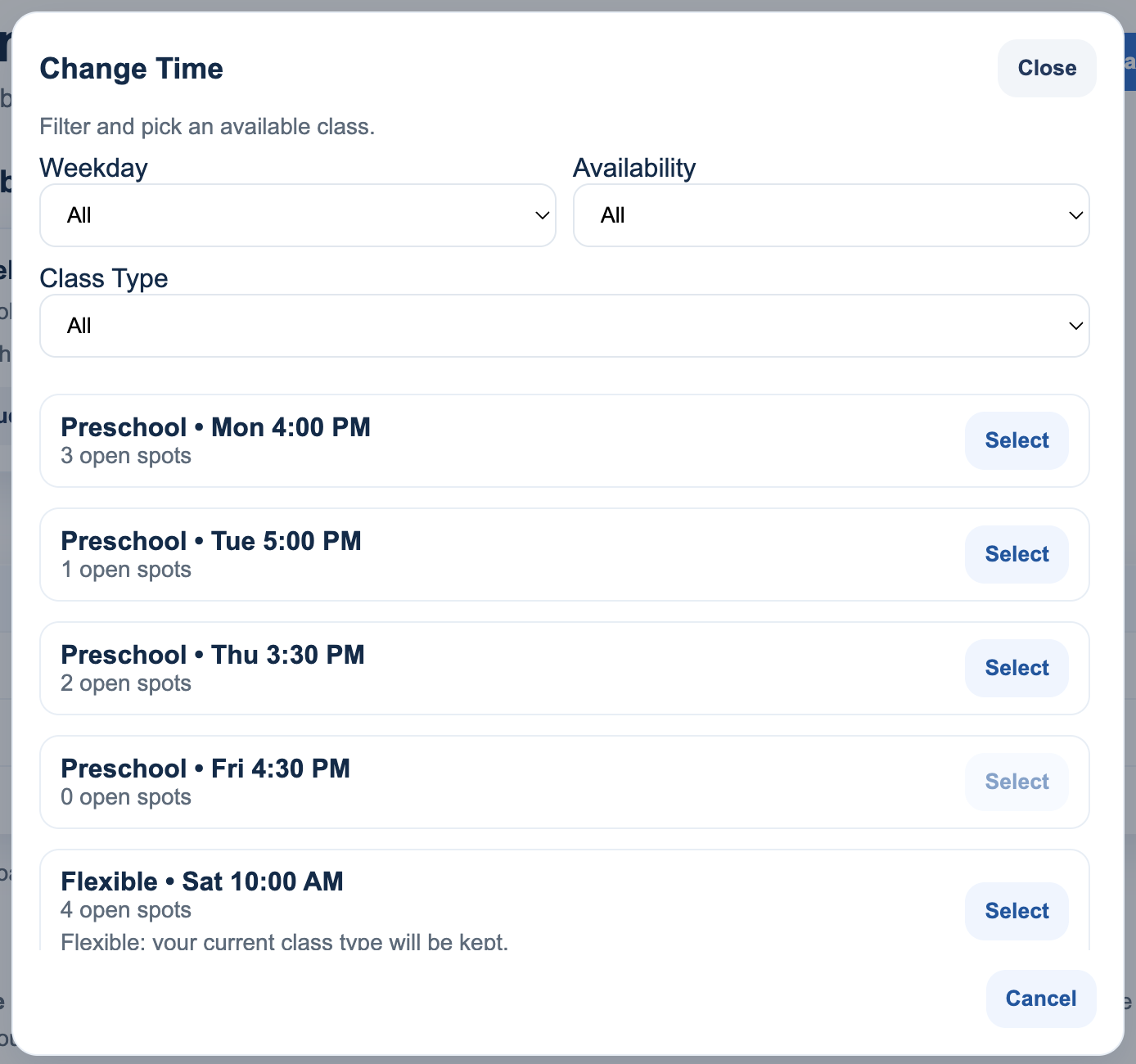 Change Time view showing the different class options a swimmer can switch to