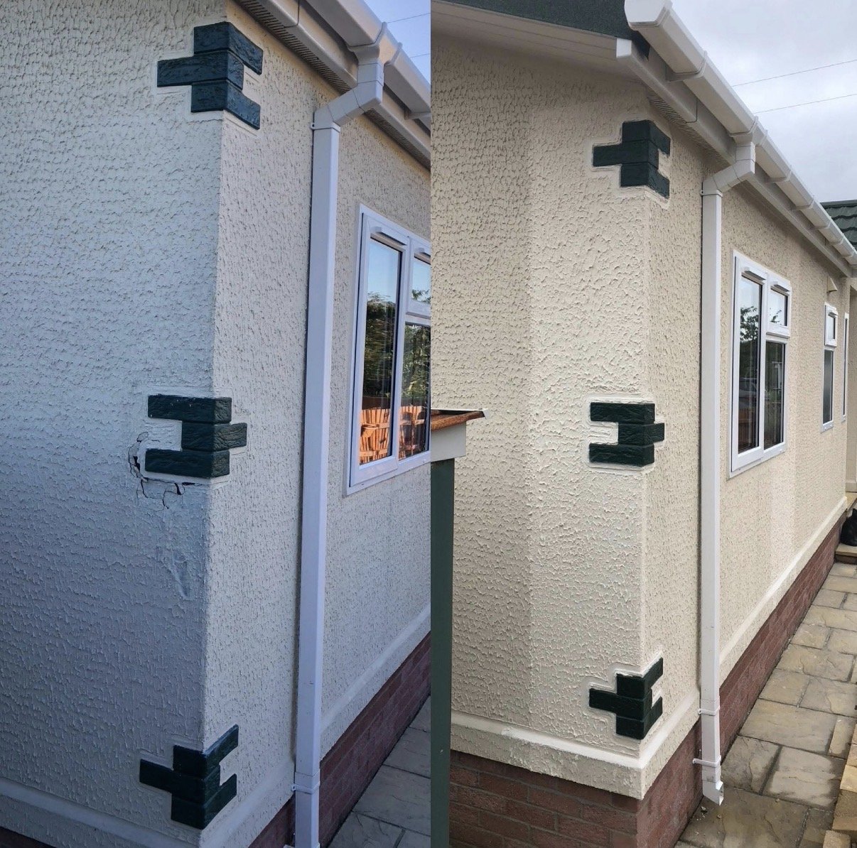 Side-by-side comparison of a stucco house corner before and after repairs, showing black decorative corner pieces.