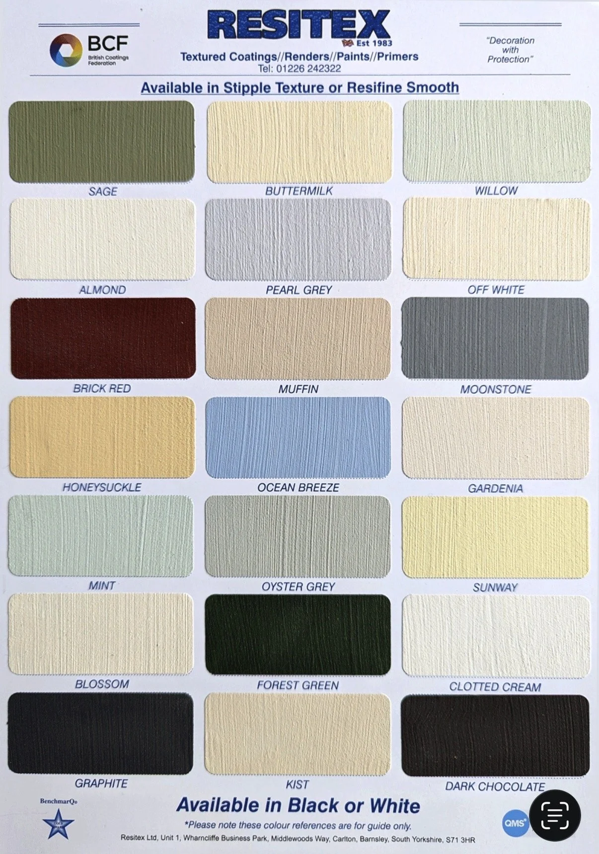 Color sample chart with paint or coating options, including Sage, Buttermilk, Willow, Almond, Pearl Grey, Off White, Brick Red, Muffin, Moonstone, Honeysuckle, Ocean Breeze, Gardenia, Mint, Oyster Grey, Sunway, Blossom, Forest Green, Clotted Cream, Graphite, Kist, and Dark Chocolate, produced by Resitex.