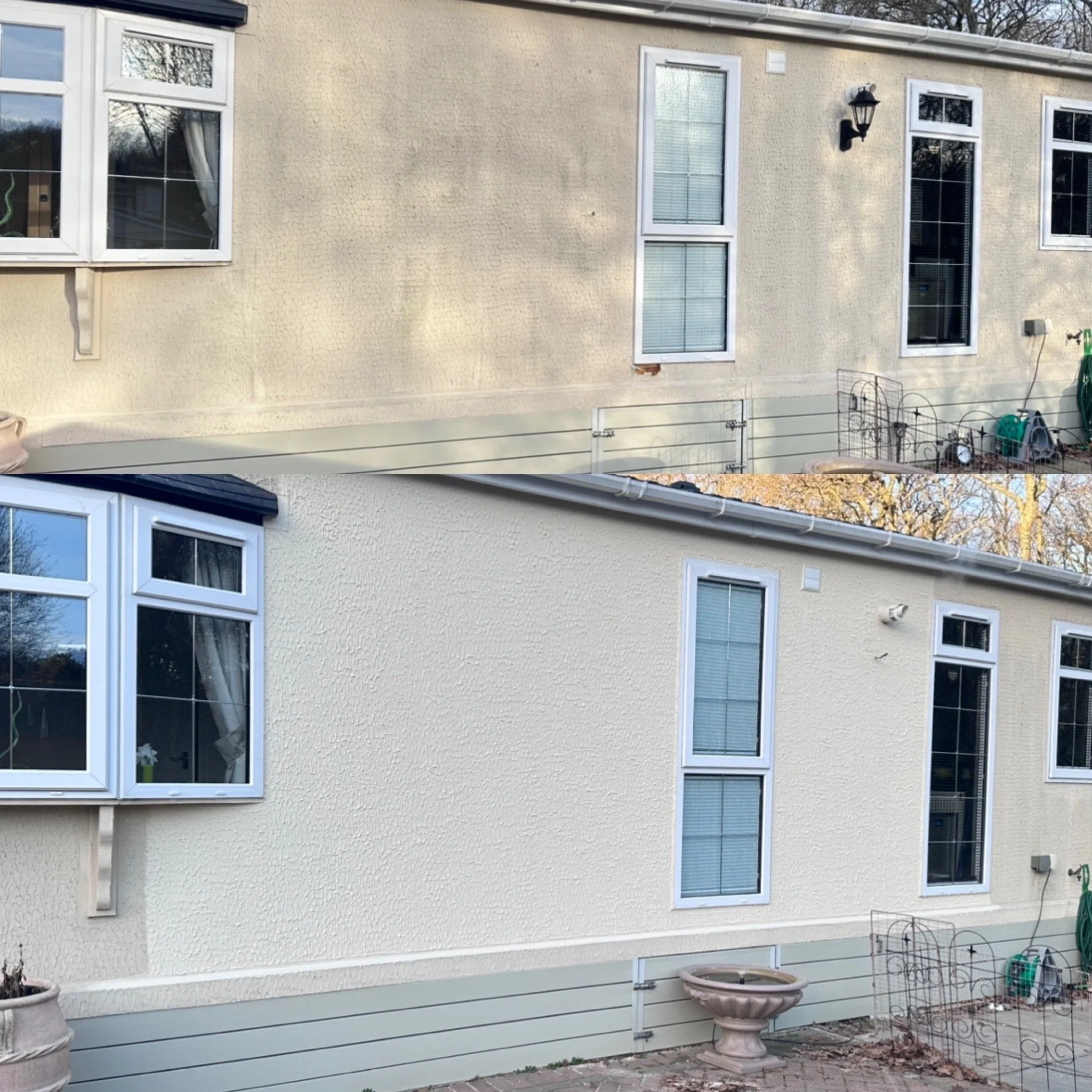 Before and after comparison of house exterior wall cleaning, showing a cleaned and a dirty wall with windows and outdoor items.