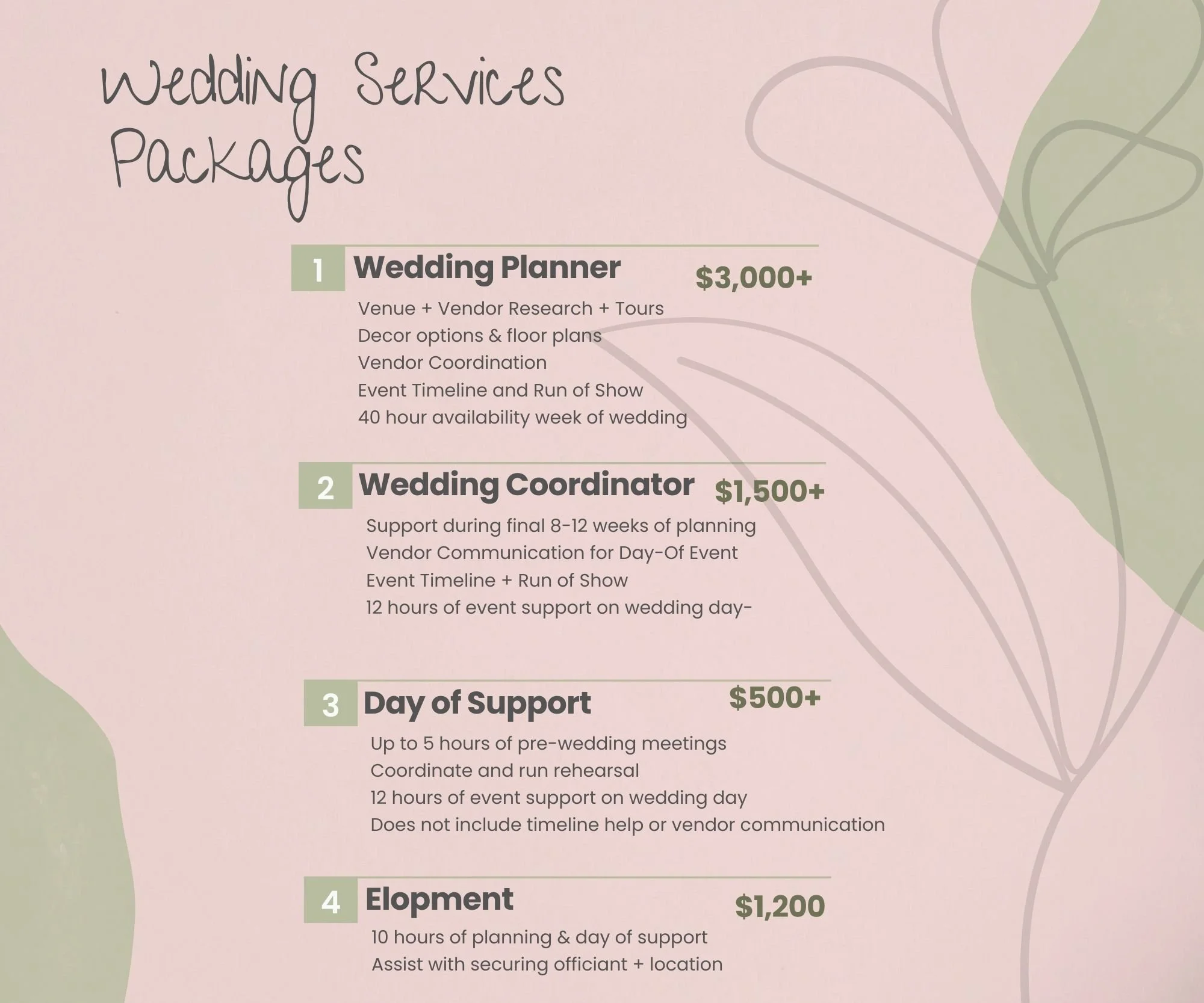 Wedding services packages list with four options: wedding planner, wedding coordinator, day of support, and elopement, each with descriptions and prices.