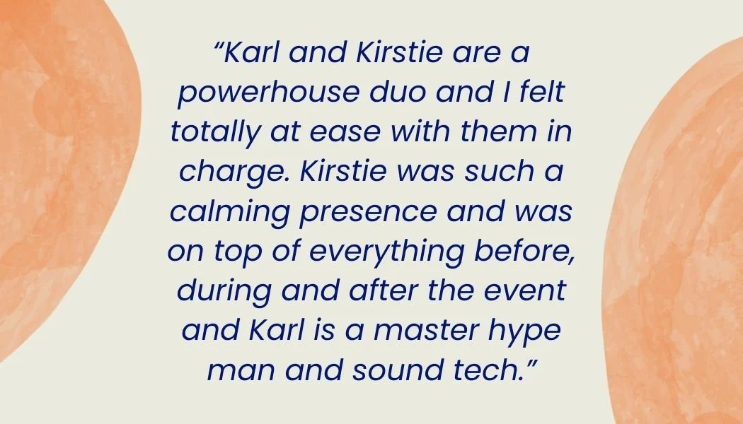 Quote about Karl and Kirstie on a light beige background with peach-colored abstract shapes on the sides.
