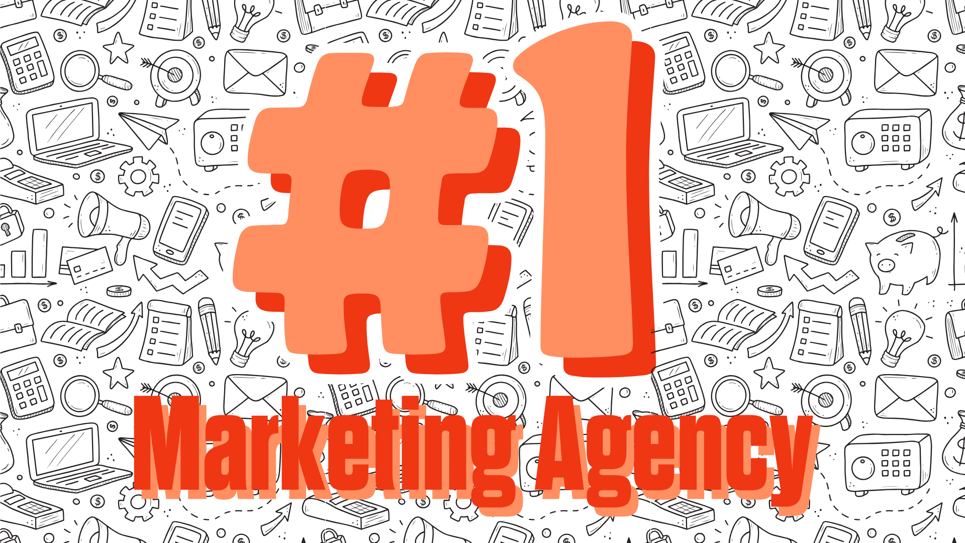 Large orange hashtag symbol with the text 'Marketing Agency' in bold red letters at the bottom, overlaying a background of black-and-white doodles representing business and marketing tools and concepts.