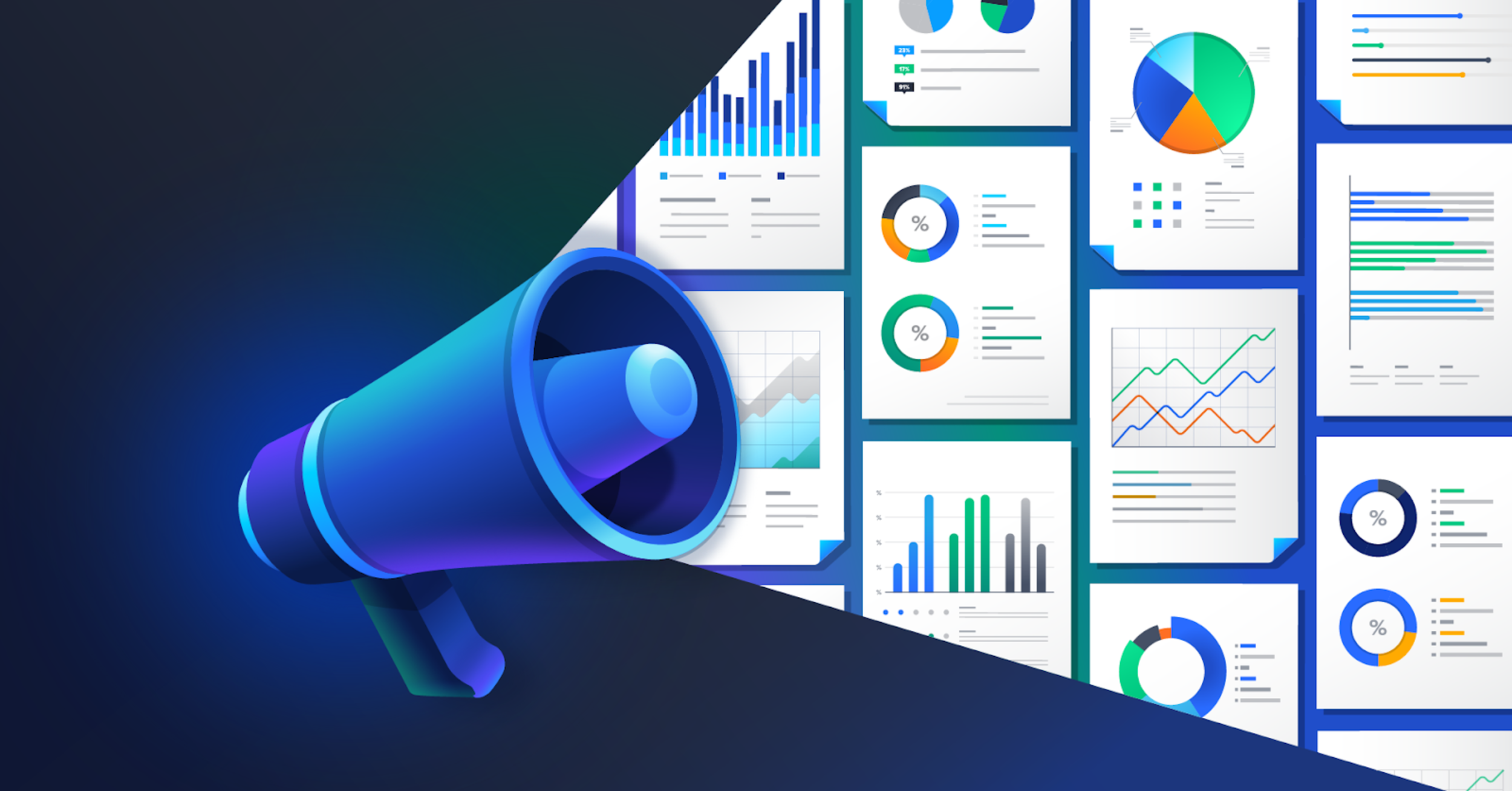 Digital marketing concept with a blue megaphone and screens displaying various graphs and charts.