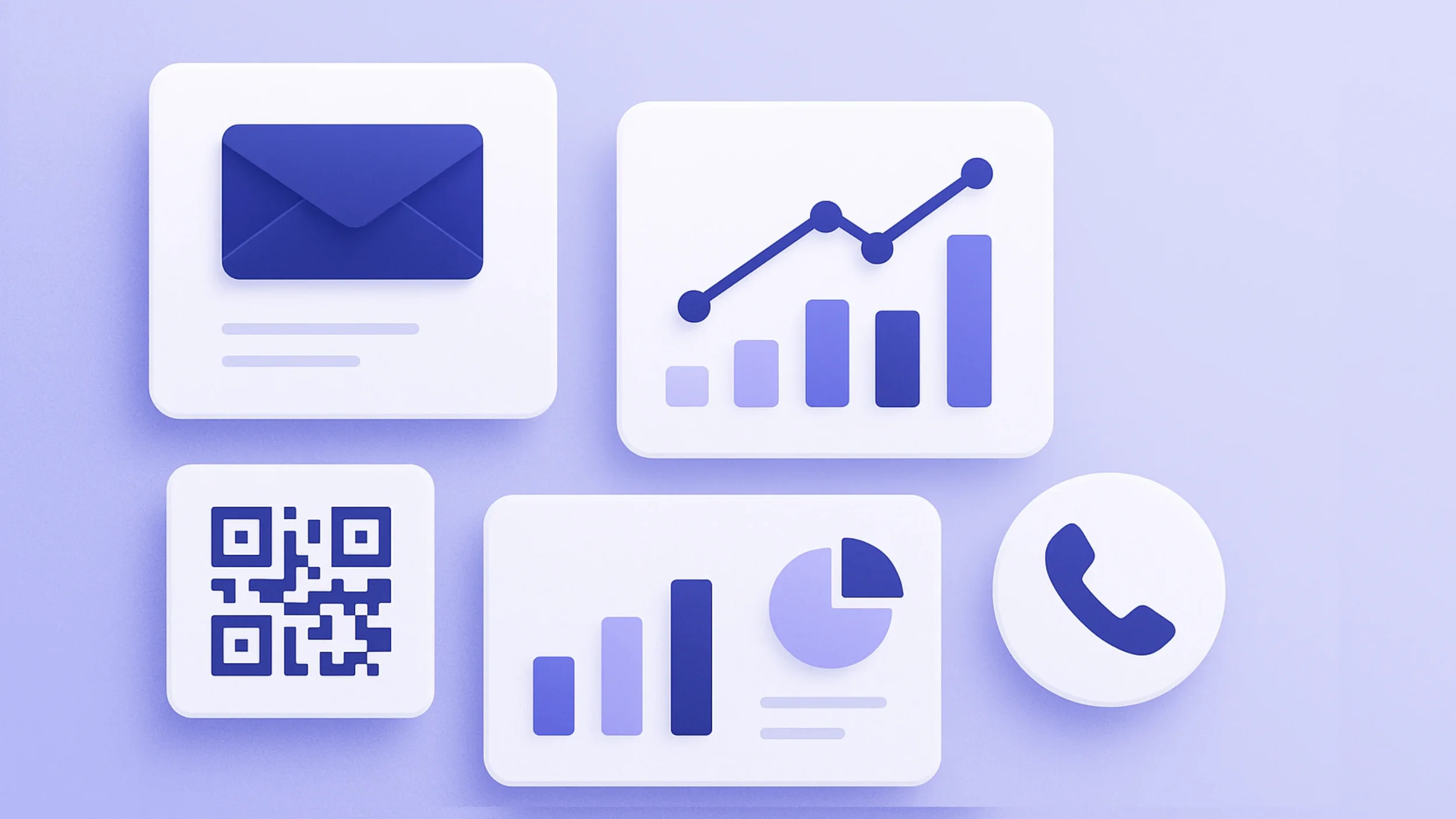Collection of digital icons including an envelope, a line graph with bars and points, a QR code, a pie chart with bar graph, and a phone symbol, all in shades of blue on a light purple background.