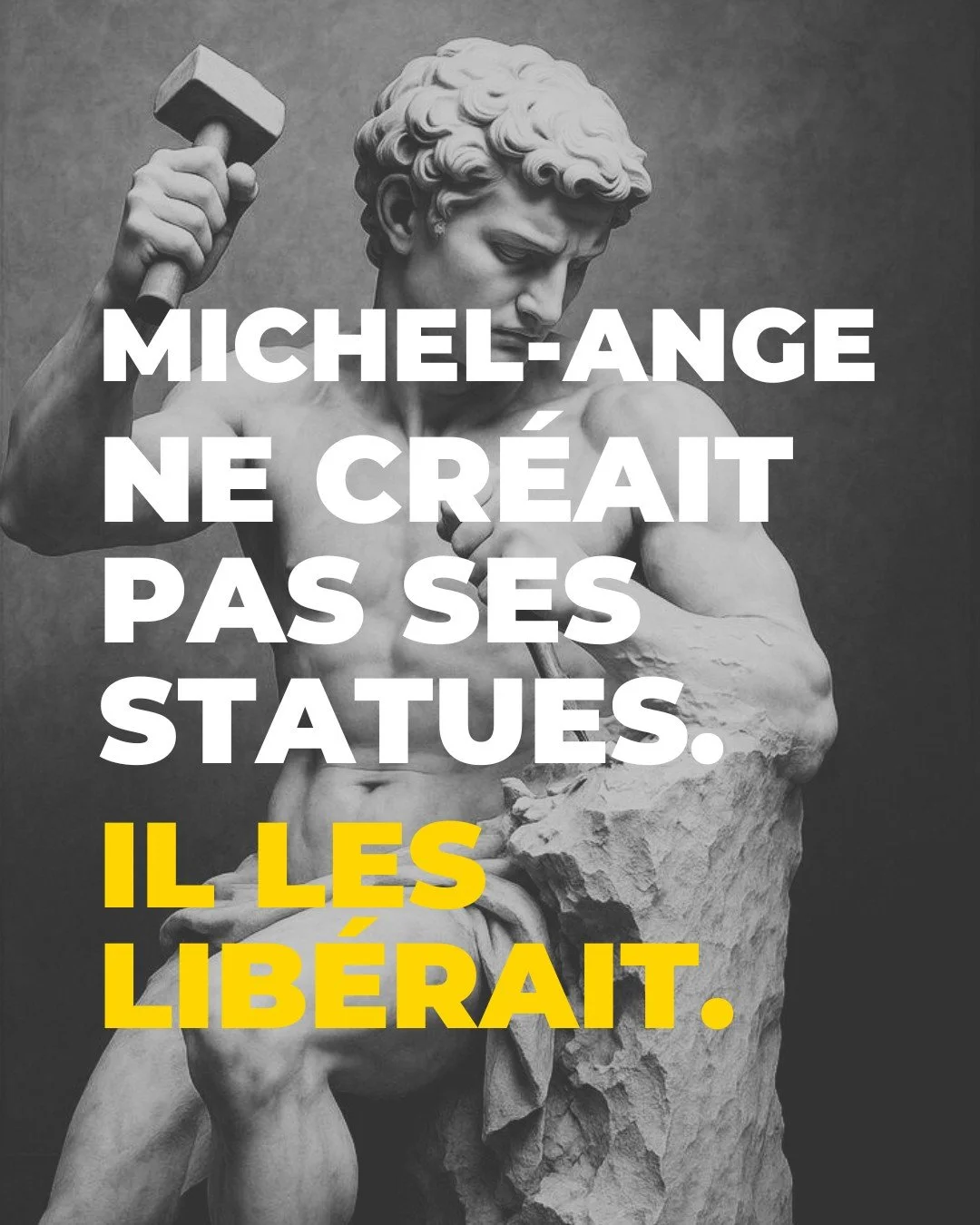 Ton corps fonctionne pareil. Tu vois o&ugrave; on veut en venir avec ce parall&egrave;le ?
Nous sommes s&ucirc;rs que &ccedil;a te parle.

Michel-Ange ne cr&eacute;ait pas ses statues. Il les lib&eacute;rait.
Il disait que chaque bloc de marbre conte