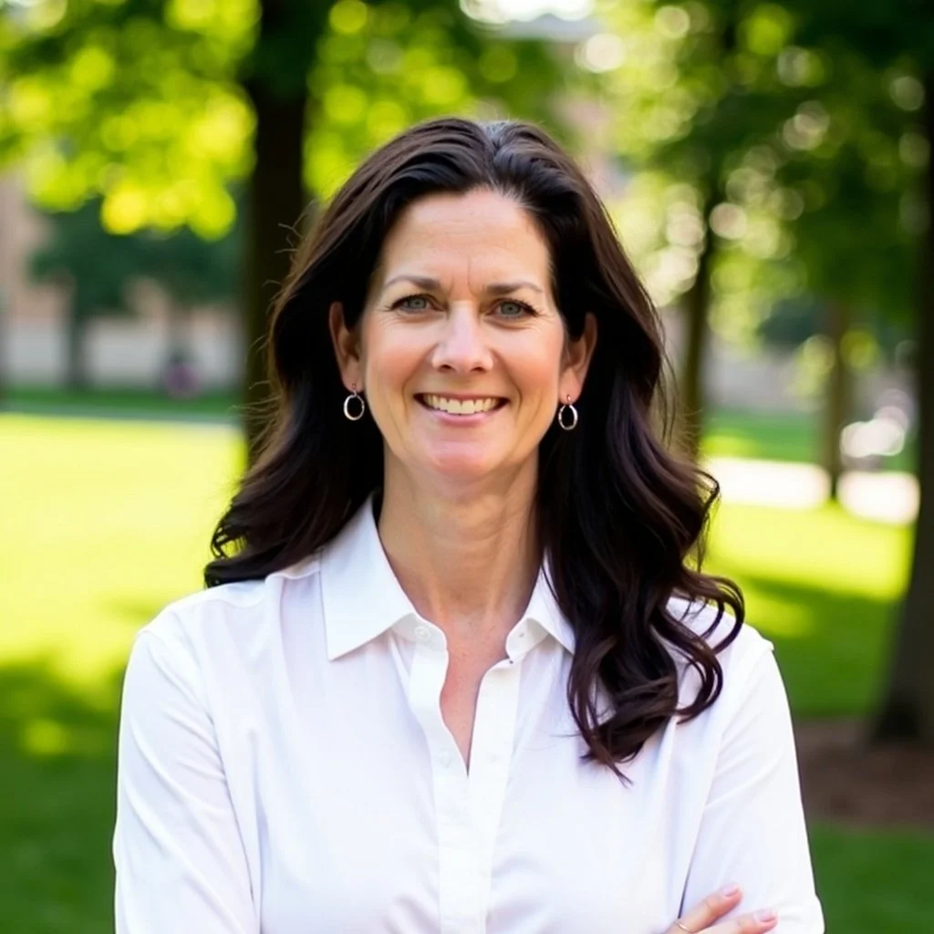 Kristen Founder of Kinesiology HR with dark brown hair smiling outdoors in a park with green trees in the background.