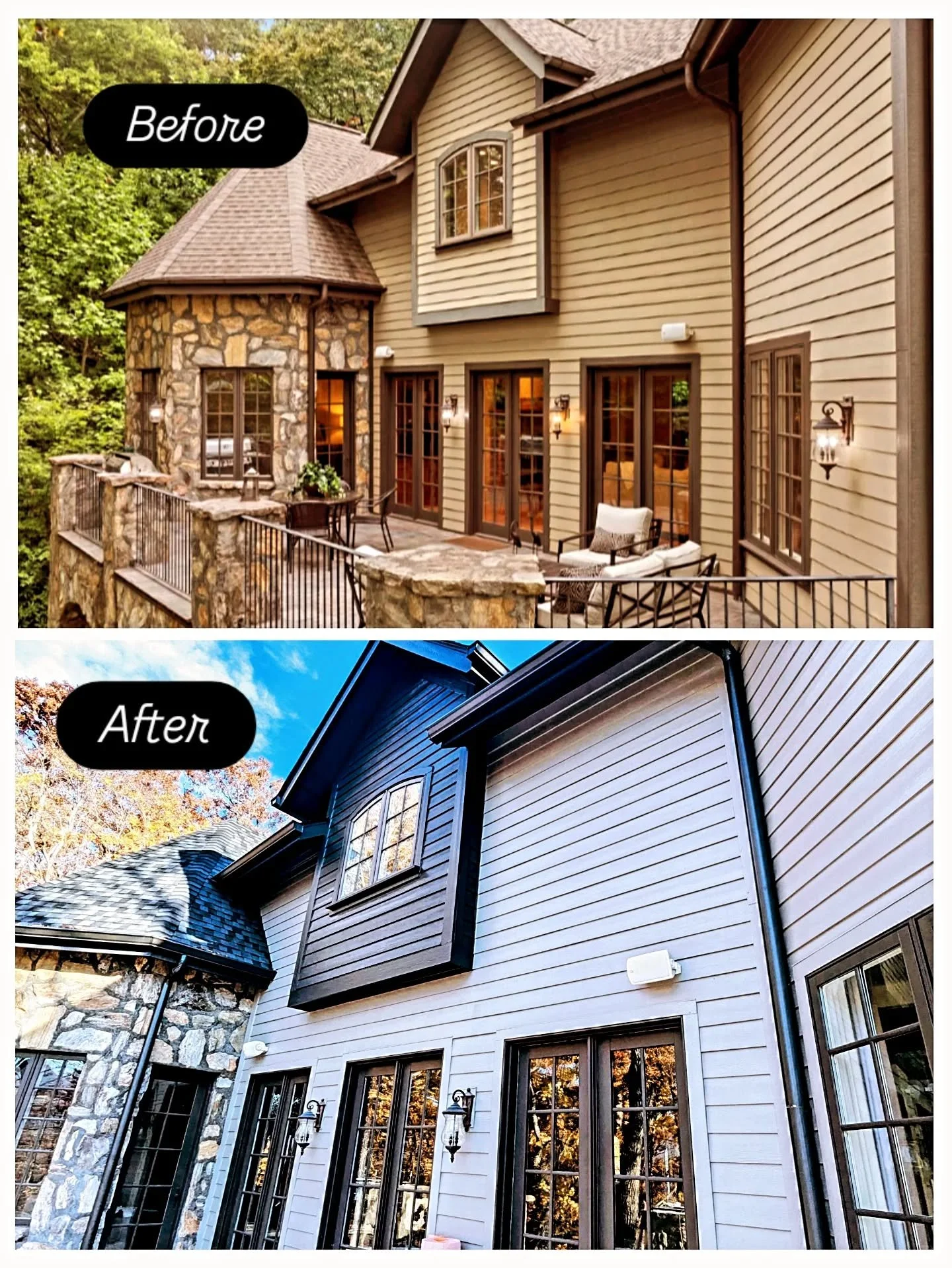 Waiting to get better after pics of this project once all the construction is finished. But here's a sneak peek at one of our final exteriors of the season! 
Sherwin Williams colors: Acier for the body and Iron Ore for accents. 🖤