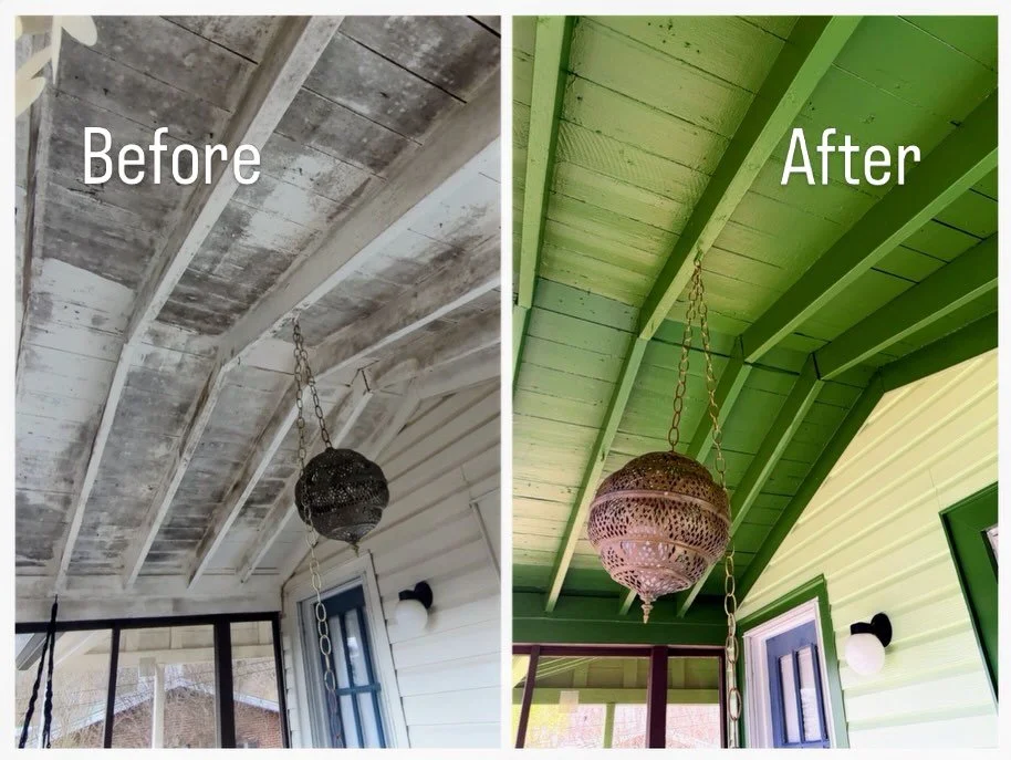 We love the colors that this sweet couple picked to transform their home! The porch ceilings were in very rough shape- paint was barely holding on. We cleaned, scraped, sanded, primed and sprayed them back to life! 💚🏡