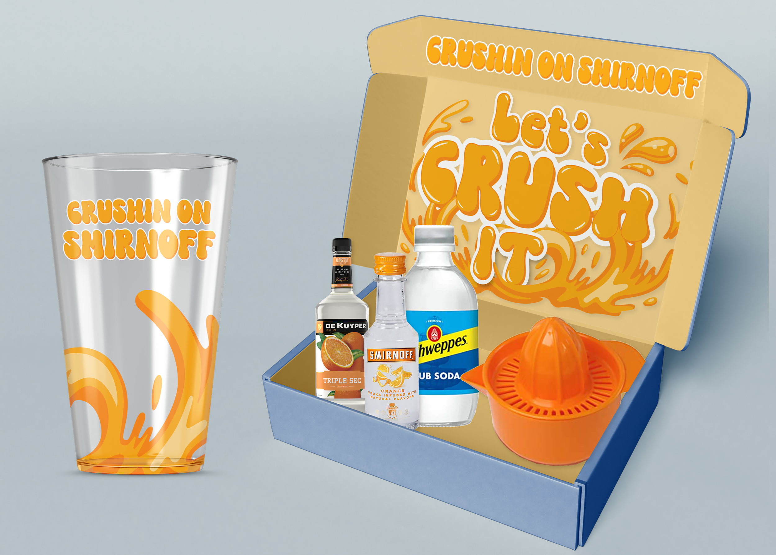 The crush in a box comes with everything you need to make a crush at home, including a Crushin' on Smirnoff glass.