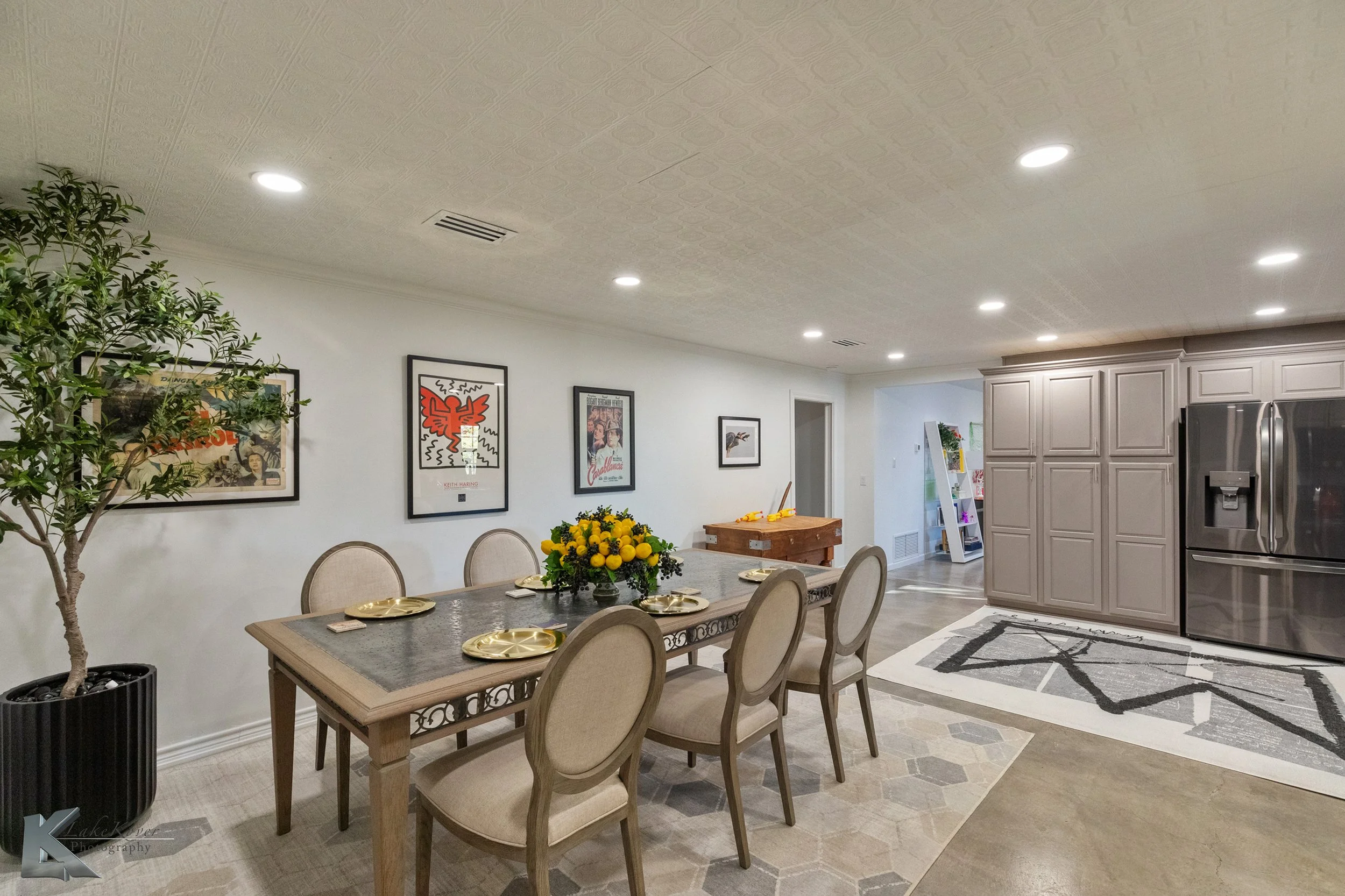 Adjacent to the kitchen, a space for a long dining area provides the ideal setting for meals.