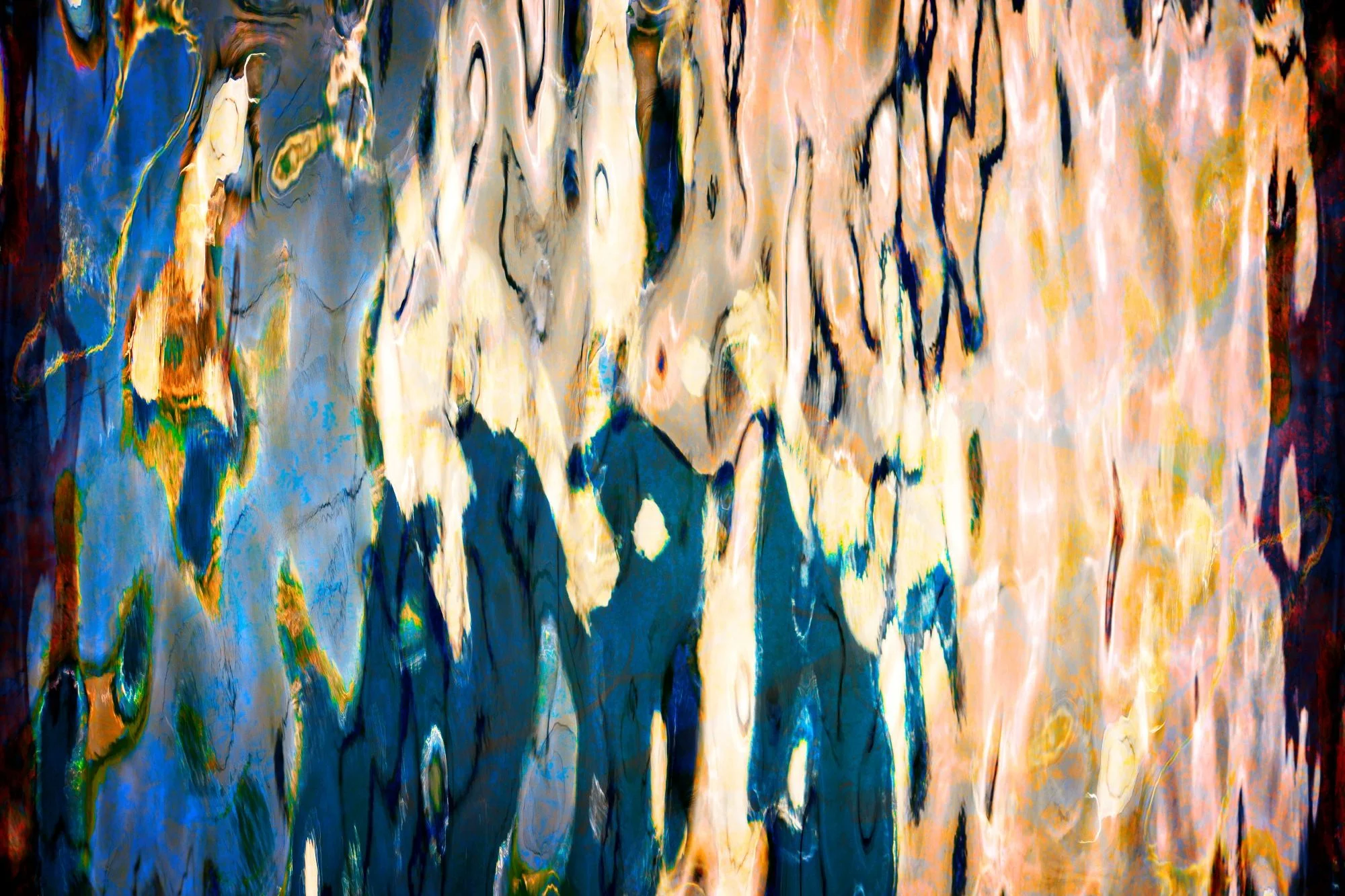 Pintura abstracta con trazos y manchas de colores vivos, incluyendo azul, naranja, amarillo, negro y blanco.