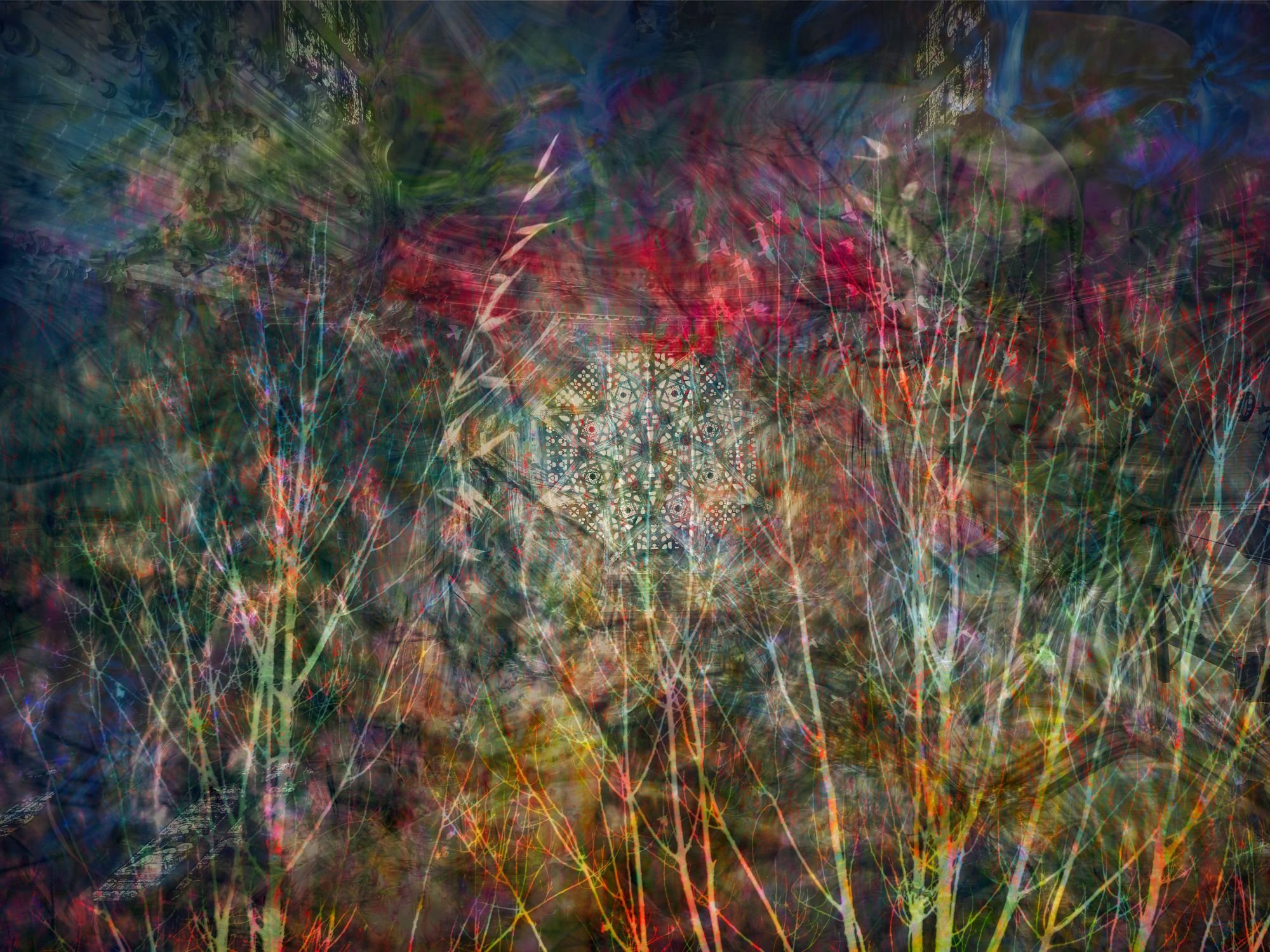 Imagen abstracta y colorida con múltiples líneas, formas y patrones entrelazados y superpuestos, creando un efecto visual complejo y vibrante.