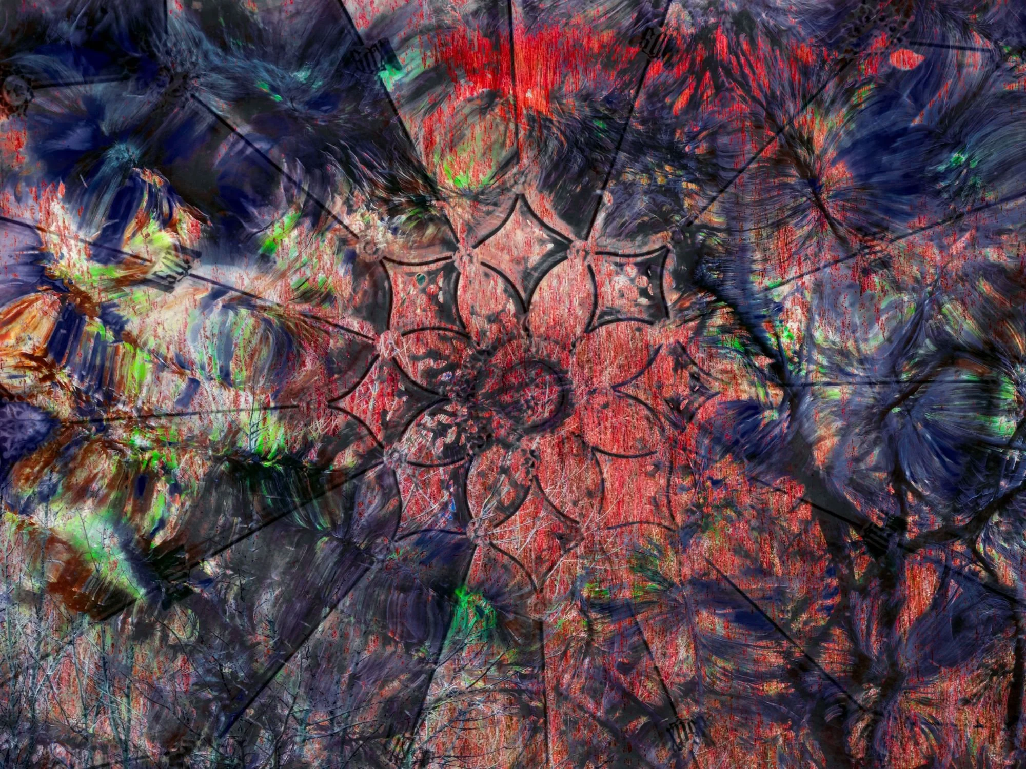 Dibujo abstracto con patrones geométricos en forma de estrellas y círculos en tonos rojos, negros, verdes, azules y naranjas, con líneas y texturas variadas que crean una composición caótica y colorida.