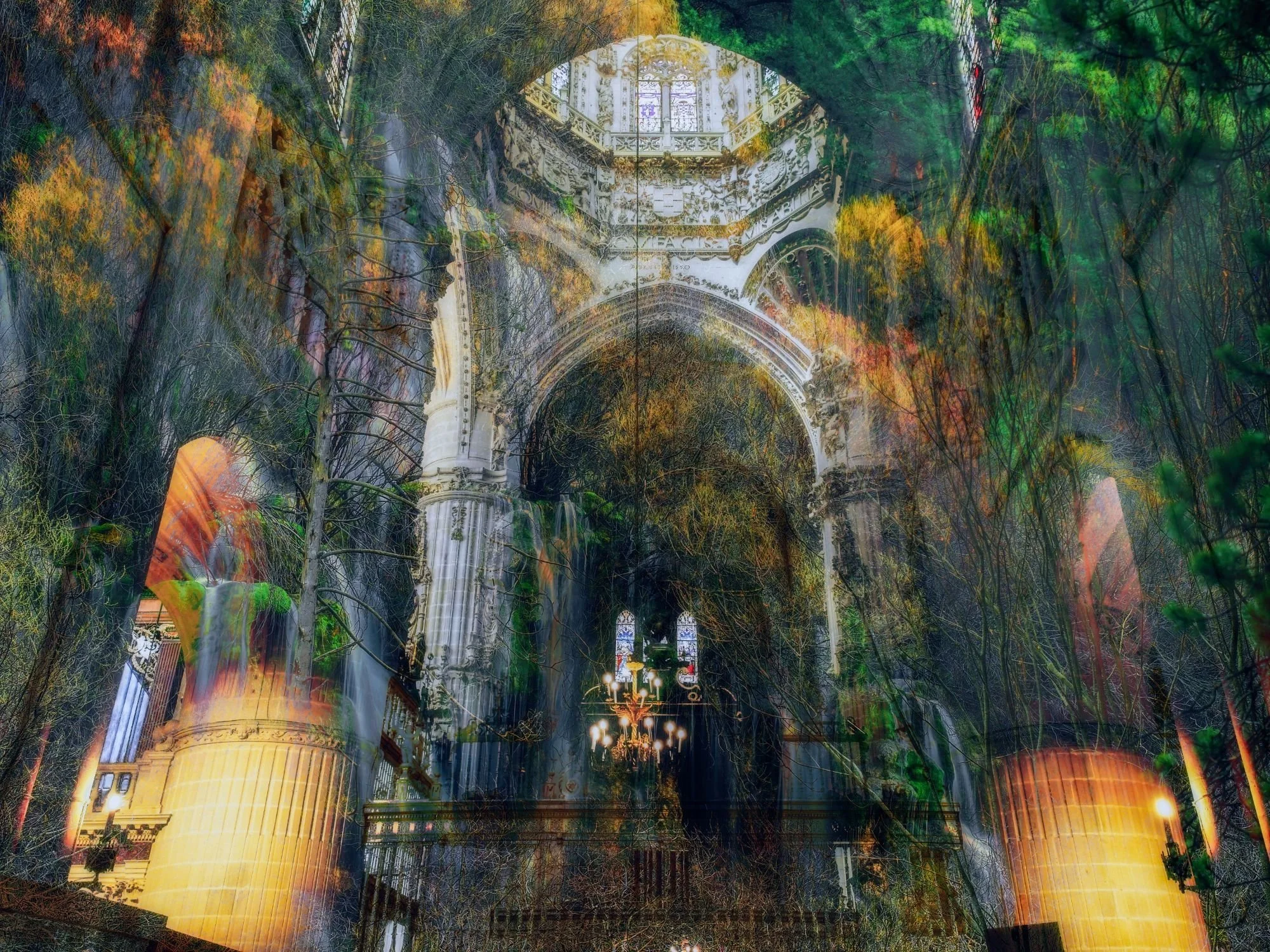 Interior de una iglesia antigua con decoraciones ornamentadas, columnas altas y un arco en el techo, rodeada de árboles y vegetación en tonos otoñales.
